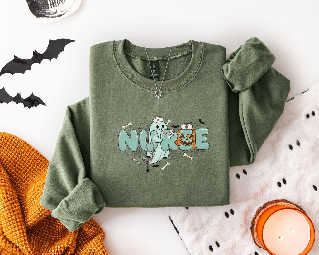 Retro Nurse Halloween Sweatshirt, Funny RN Top in Retro College Font, Cute Fall Apparel, Cozy Autumn Outfit, Unique Gift for Nurse