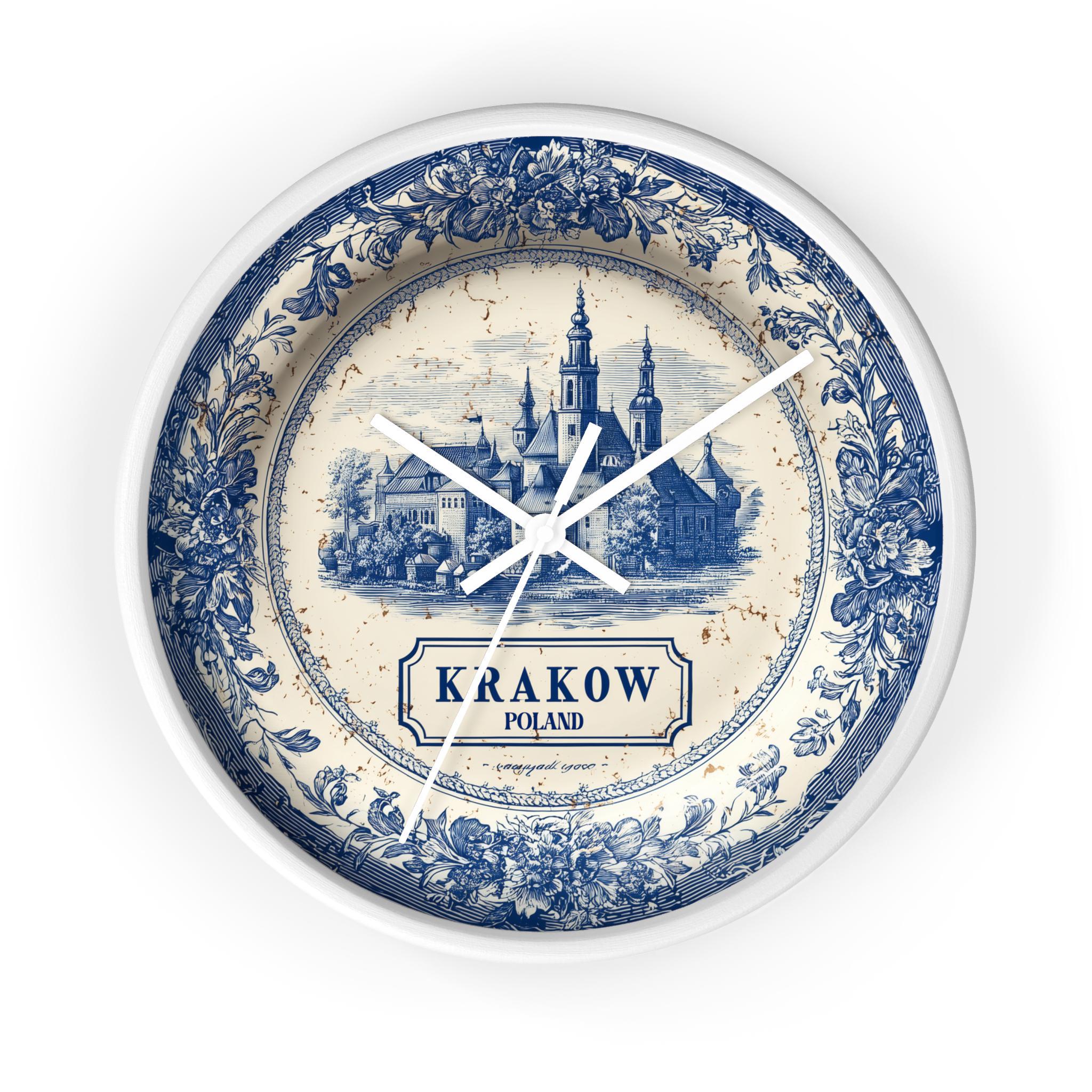 Krakow Poland Wall Clock, Delf style Home Decor, Vintage City Travel Keepsake Art