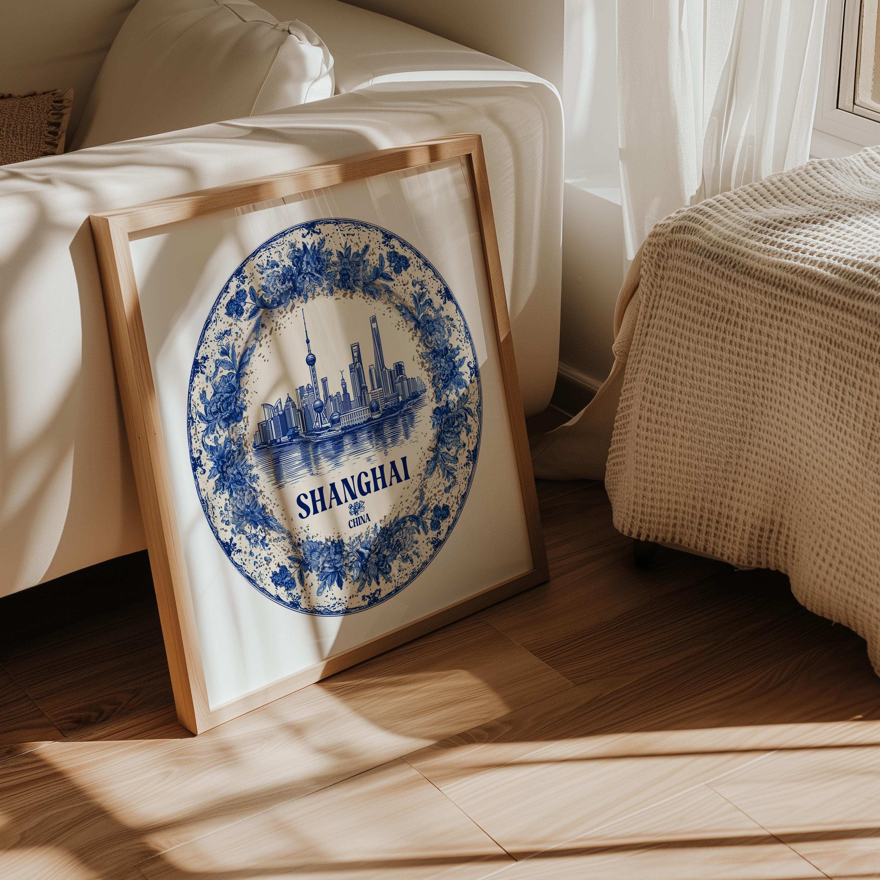 Shanghai China Wall Art, Vintage Delft Blue Poster, City Print, Travel Home Decor