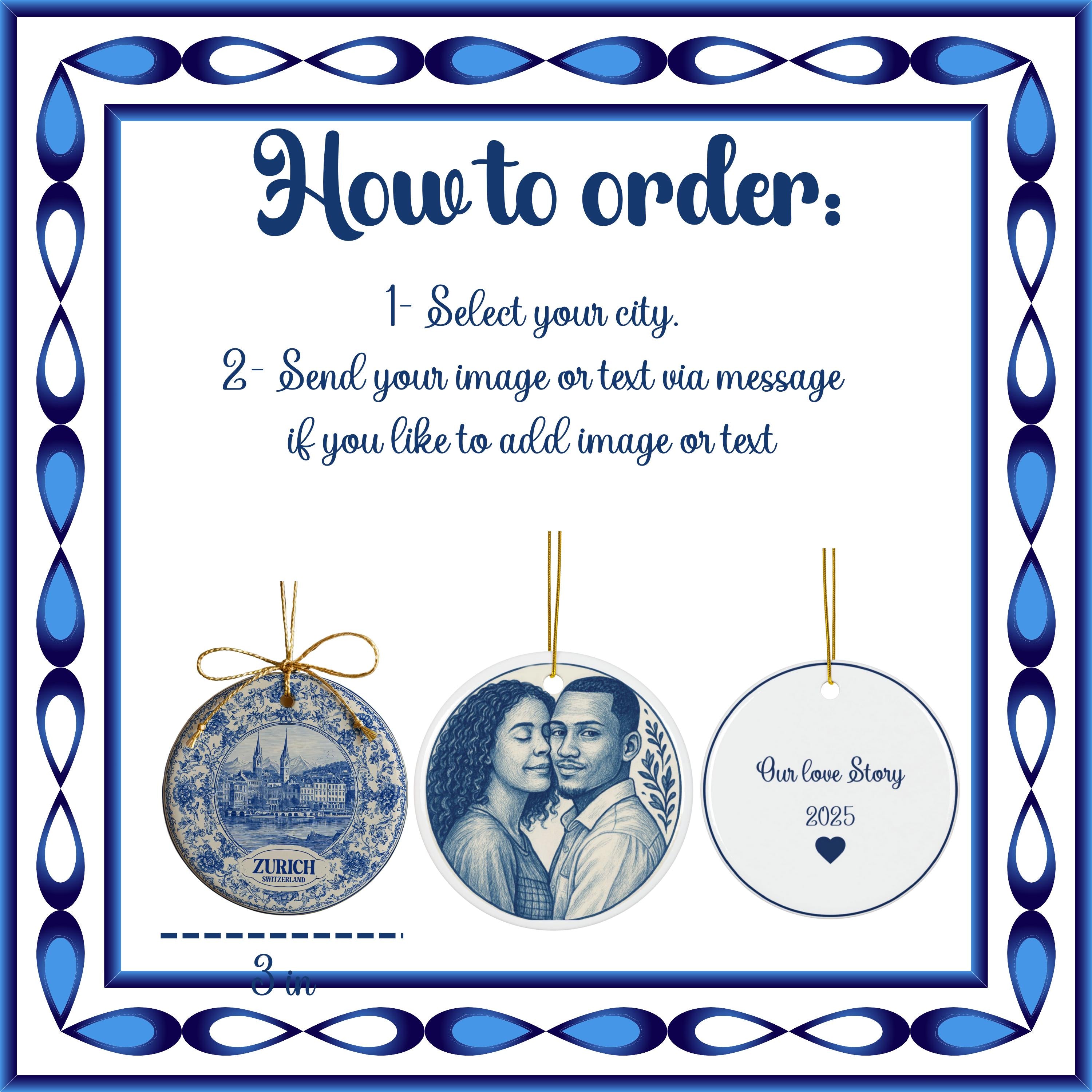 Custom Denver Colorado Ceramic Delft Ornament, Christmas Delftware Blue Delftware city travel