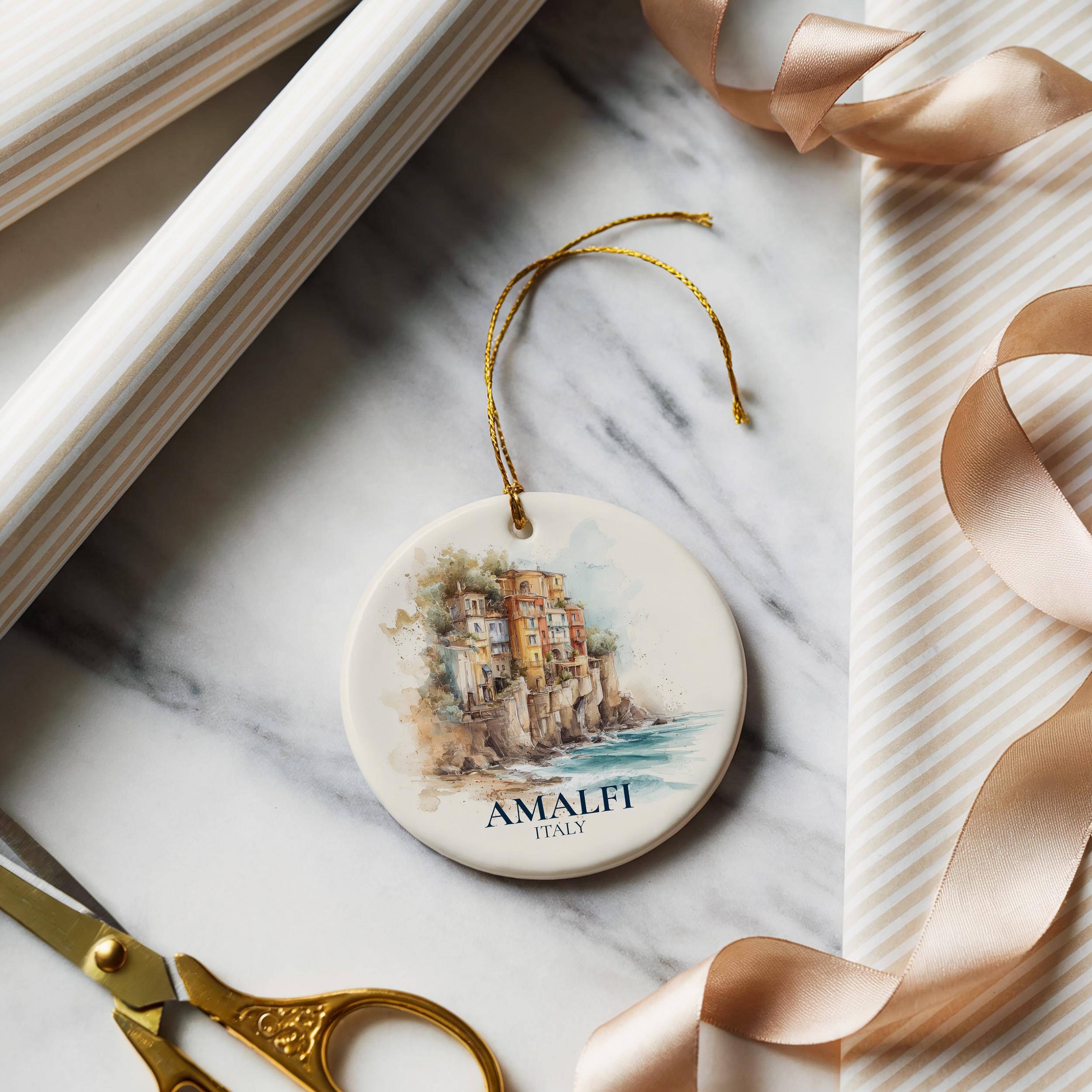 Amalfi Coast Italy Personalized Watercolor Ornament, Custom Ceramic Christmas gift, Travel Keepsake