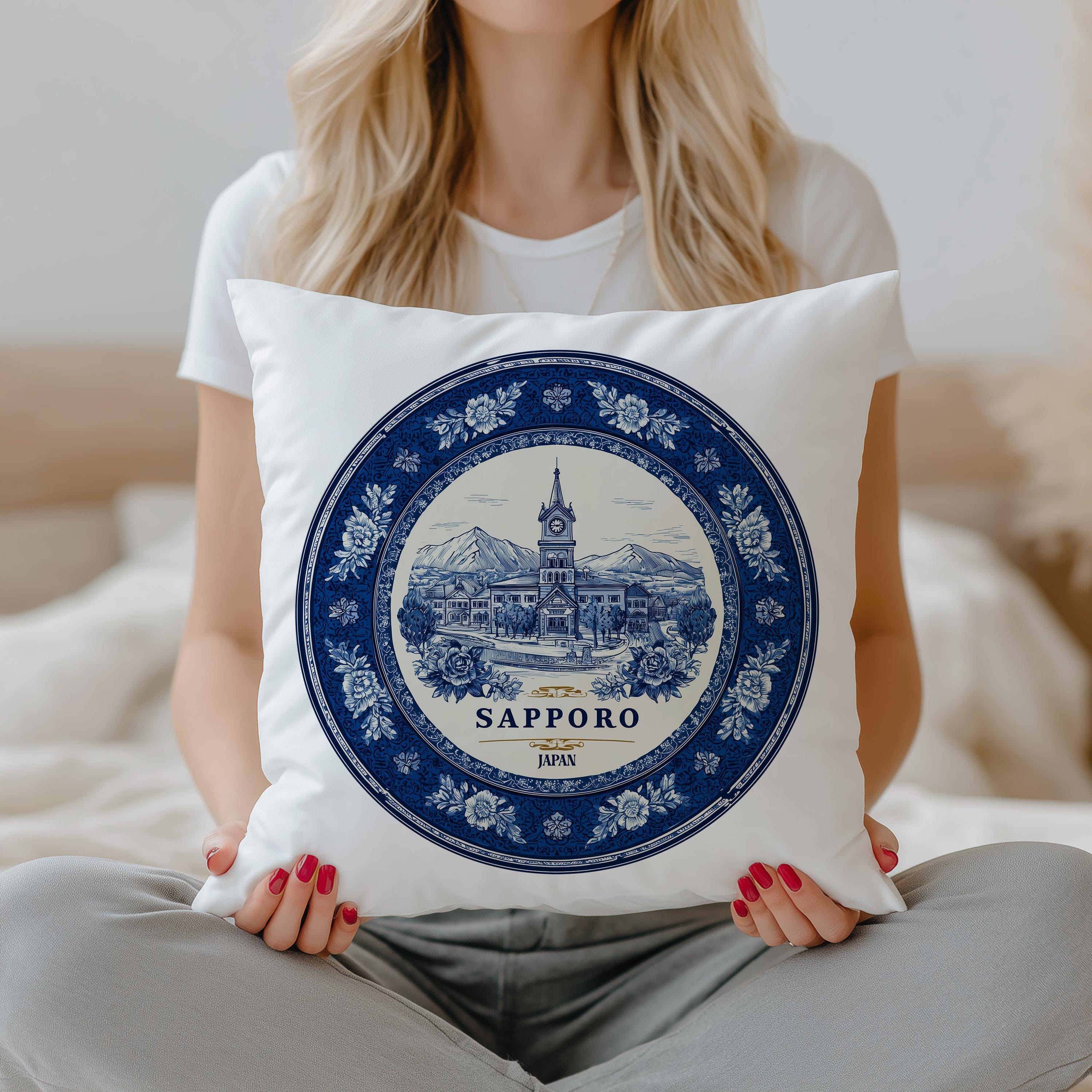 Sapporo Japan Pillowcase, Delft Style Decorative Throw Pillow, Vintage Cityscape Retro Home Decor