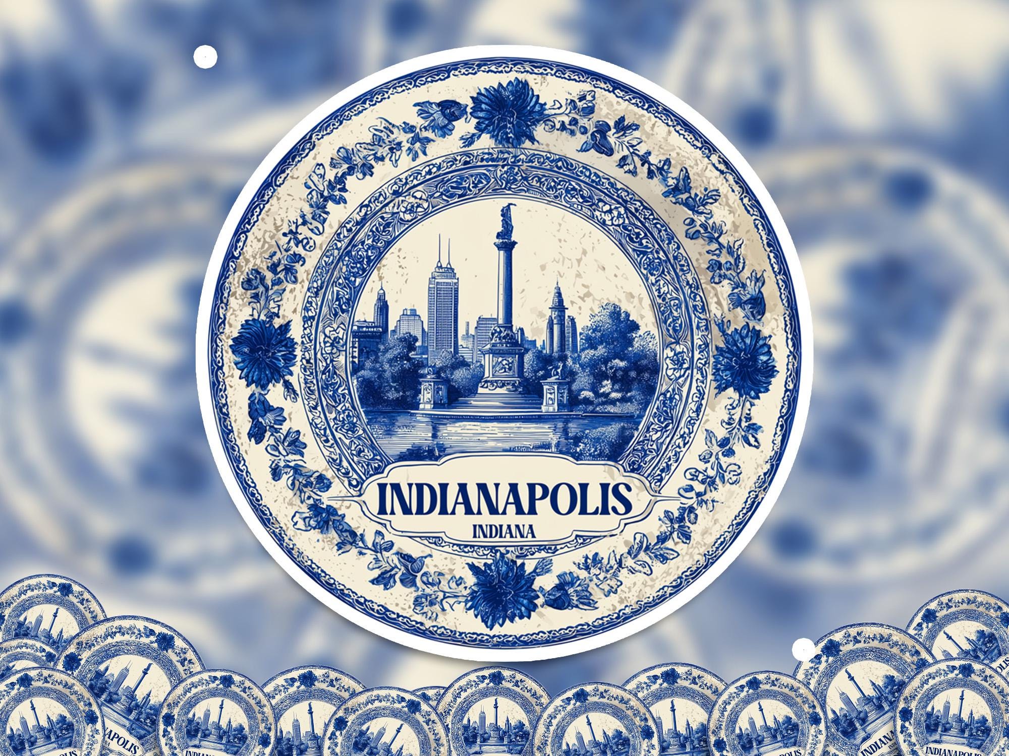 Indianapolis Indiana Sticker Vintage Delft style, Delftware Decal Waterproof Vinyl, Blue USA City Travel