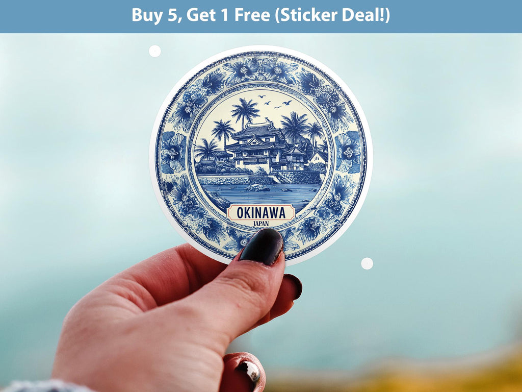 Okinawa Japan Sticker Vintage Delft style, Delftware Decal Waterproof Vinyl, Blue City Travel