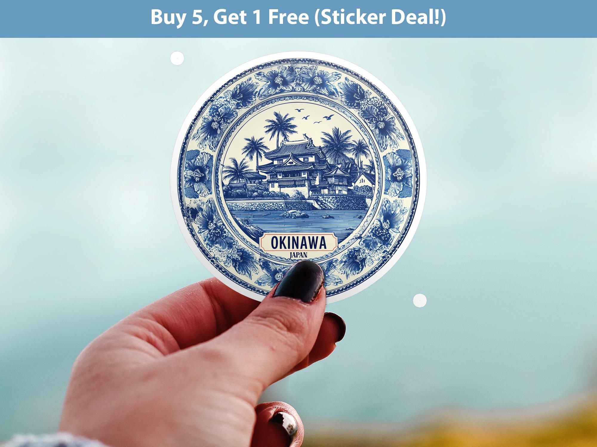 Okinawa Japan Sticker Vintage Delft style, Delftware Decal Waterproof Vinyl, Blue City Travel