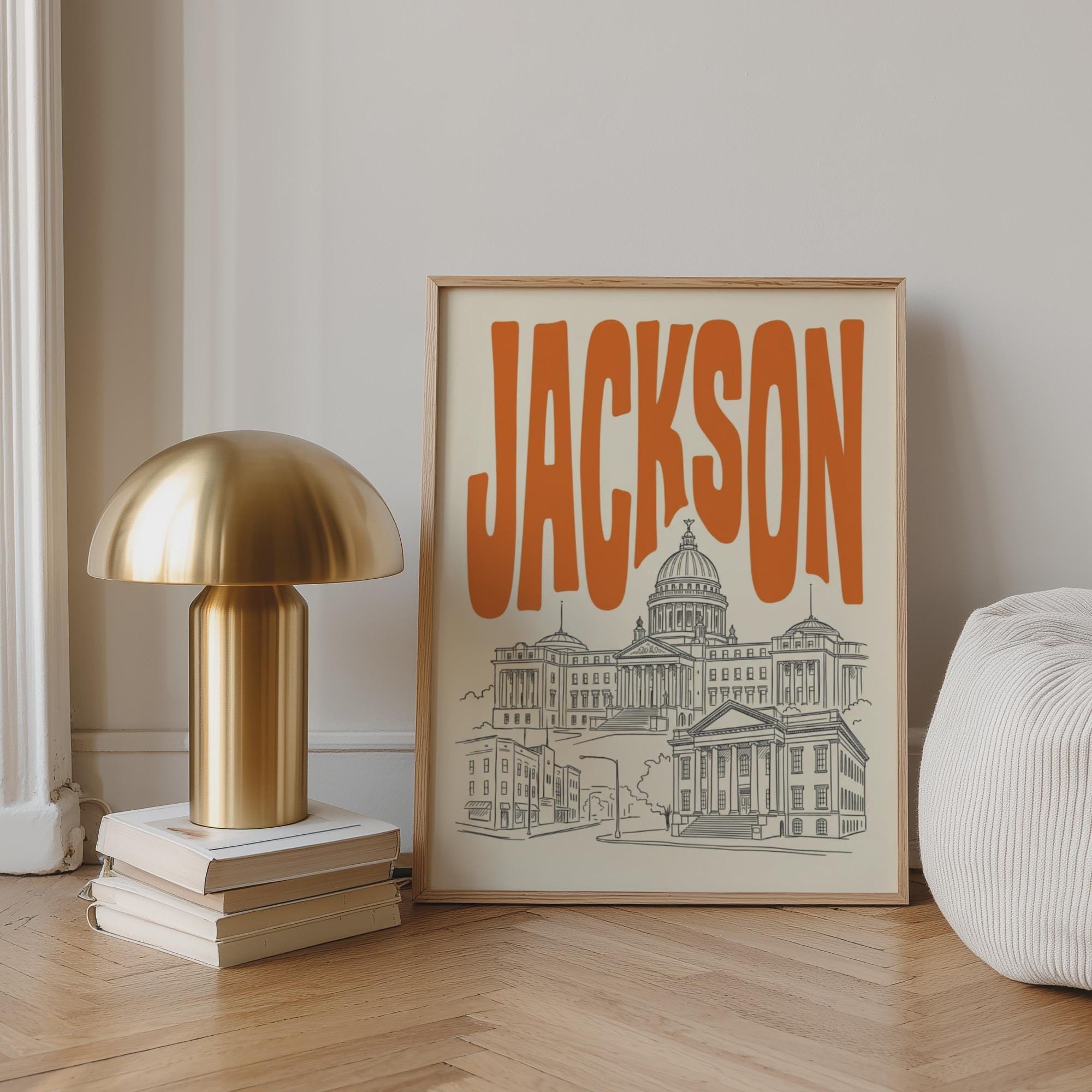 Jackson Mississippi Wall Minimalist Art, Framed Canvas Print, State Capitol Skyline Decor