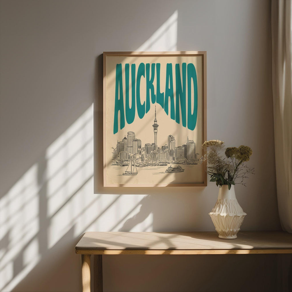 Auckland Skyline Wall Art, Vintage Travel Poster, New Zealand Harbor Print