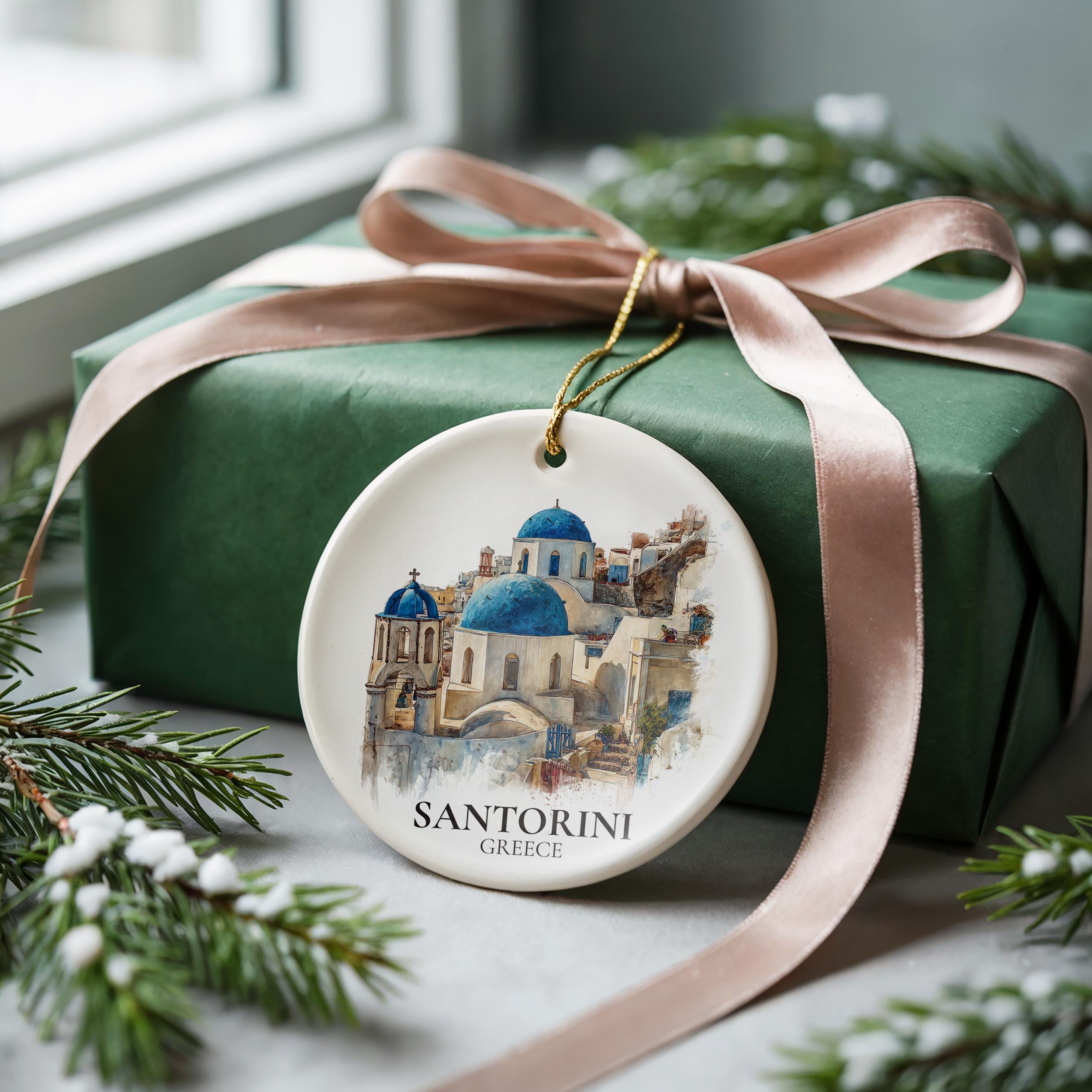 Santorini Greece Personalized Watercolor Ornament, Custom Ceramic Christmas gift, Travel Keepsake