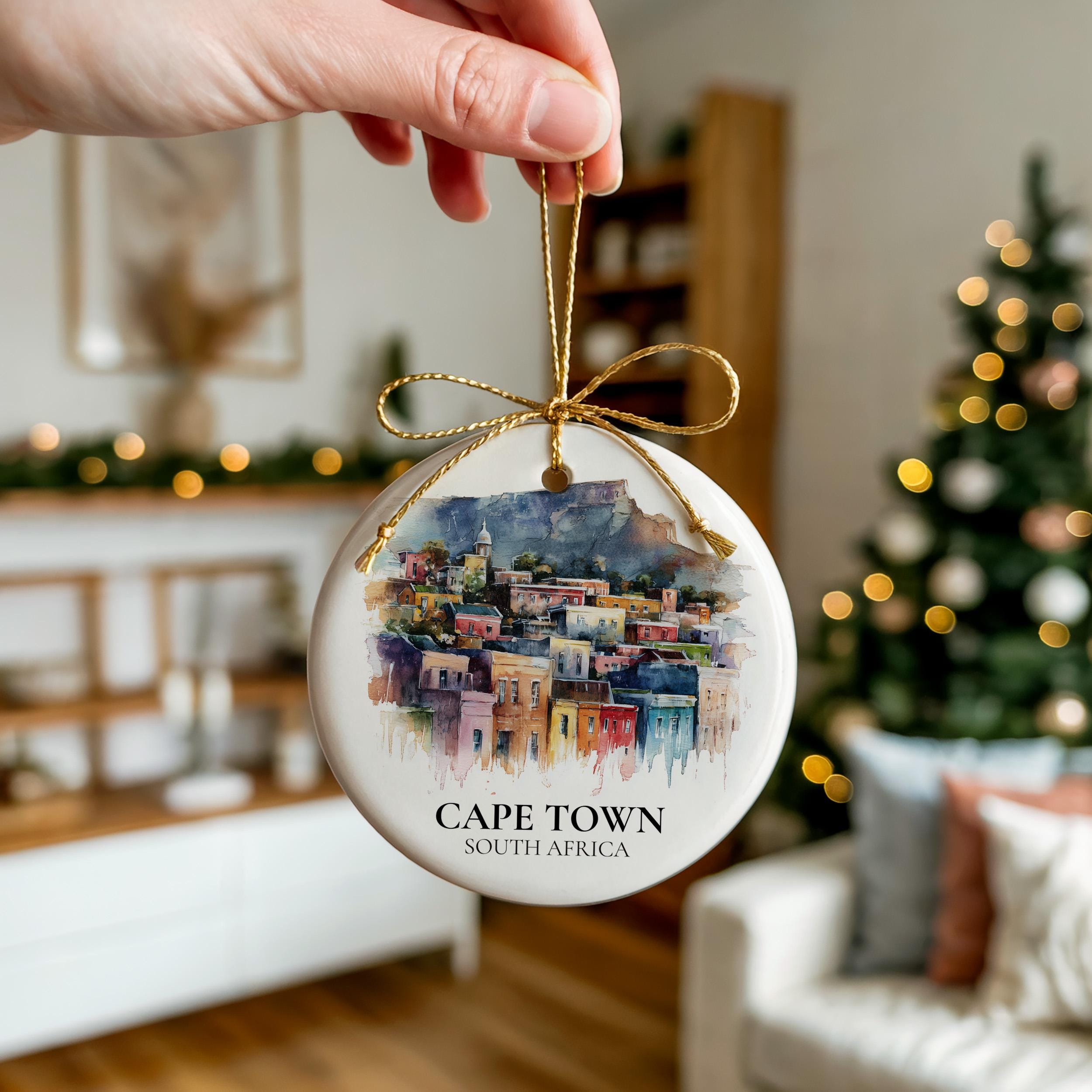 Cape Town South Africa Personalized Watercolor Ornament, Custom Ceramic Christmas gift, Travel Keepsake