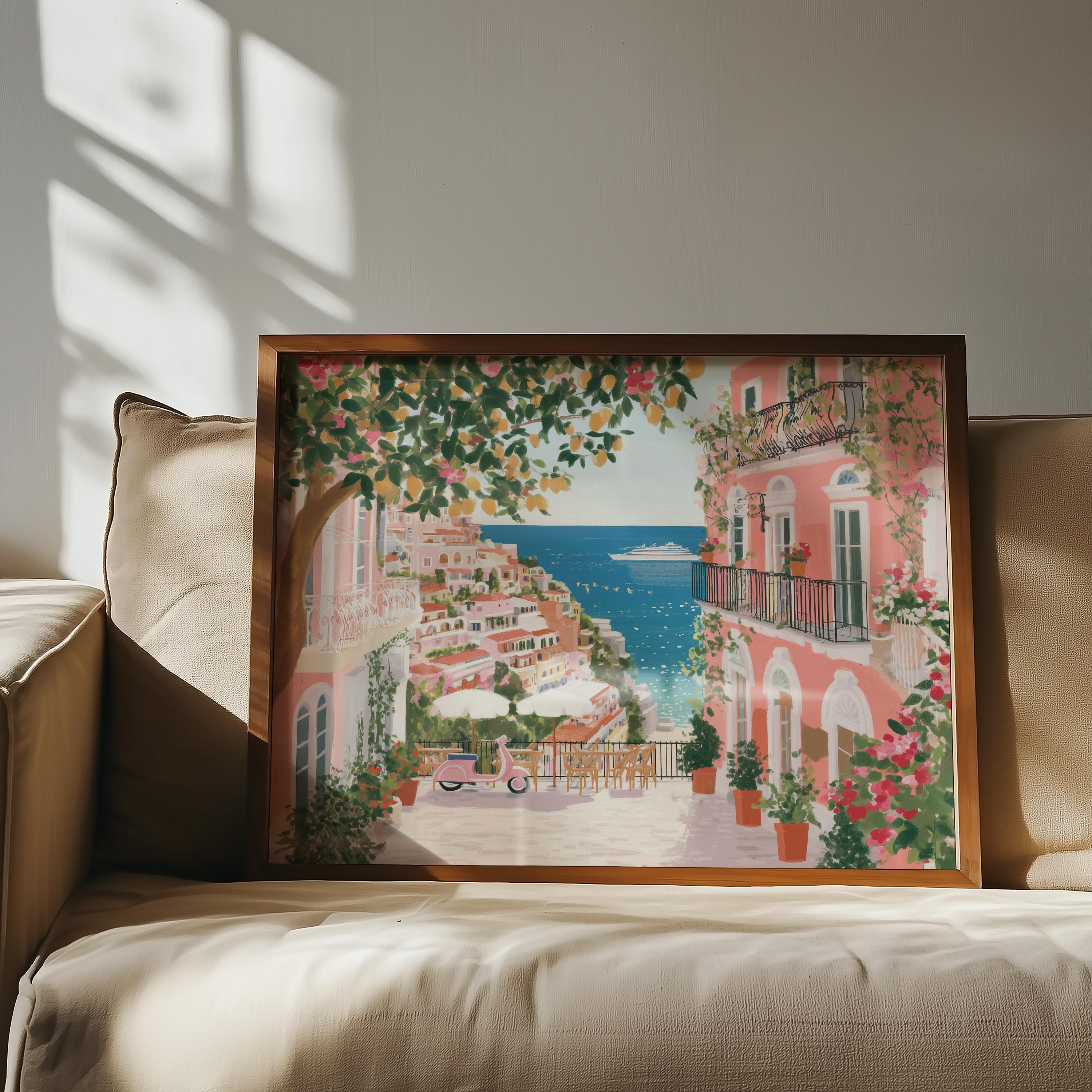 Amalfi Coast Spring Wall Art, Cherry Blossom Floral Italy Travel Gift Decor Large Print