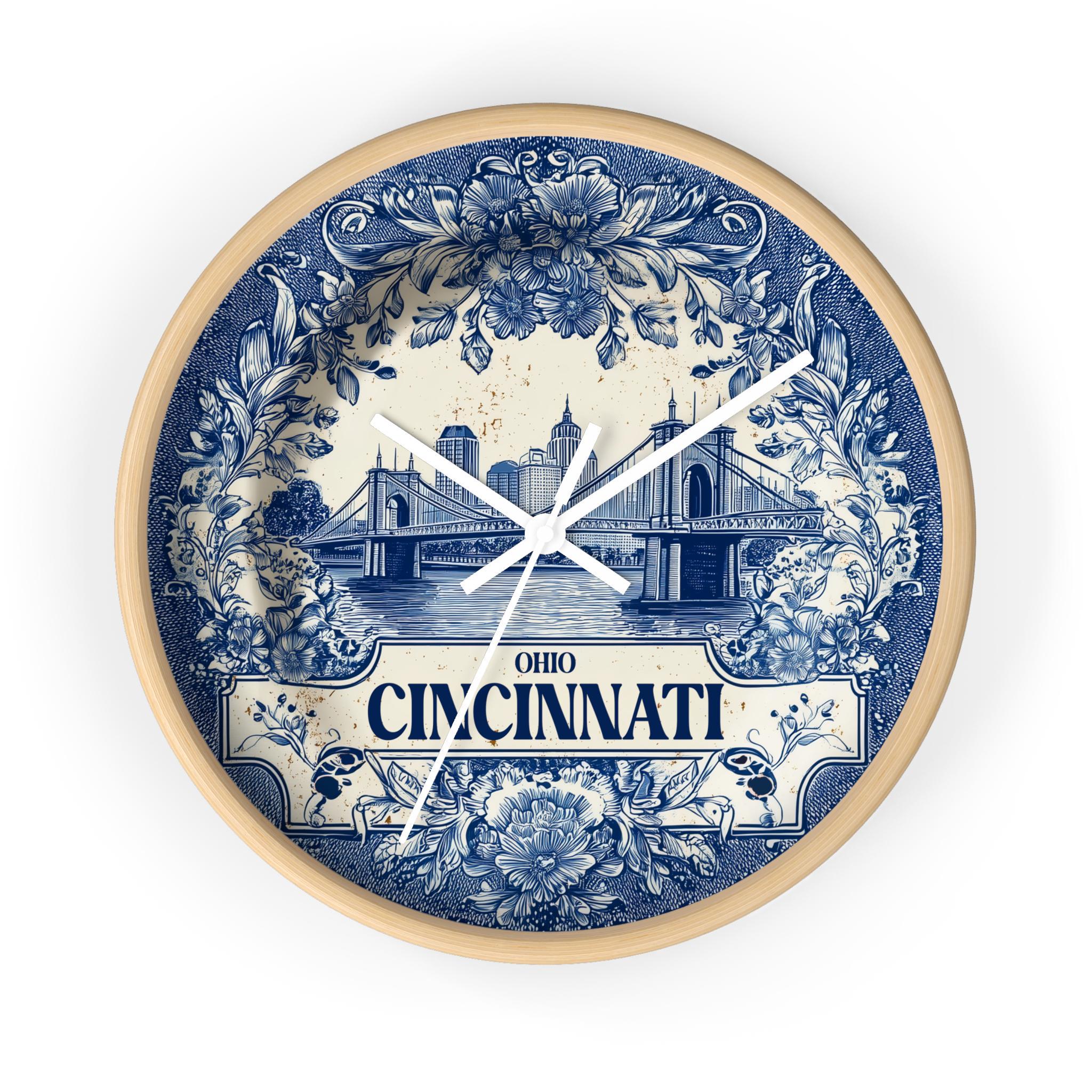 Cincinnati Ohio Wall Clock, Delf style Home Decor, Vintage City Travel Keepsake Art