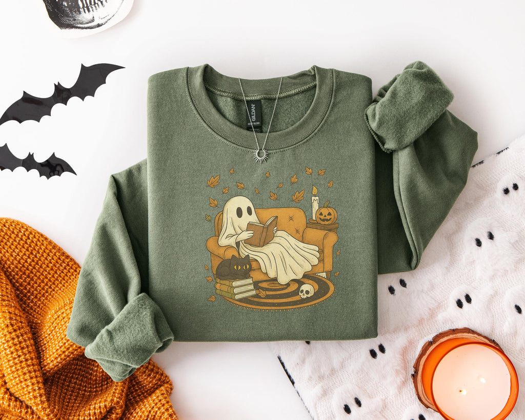 Retro Ghost Reading Book Halloween Shirt: Spooky Season Sweatshirt