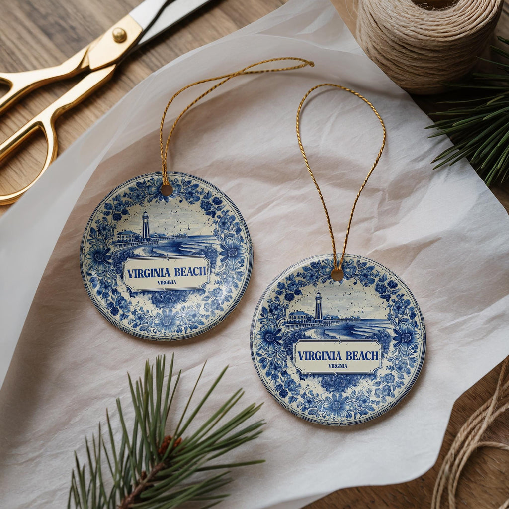 Virginia Beach Delftware Ceramic Ornament: Custom City Travel Keepsake