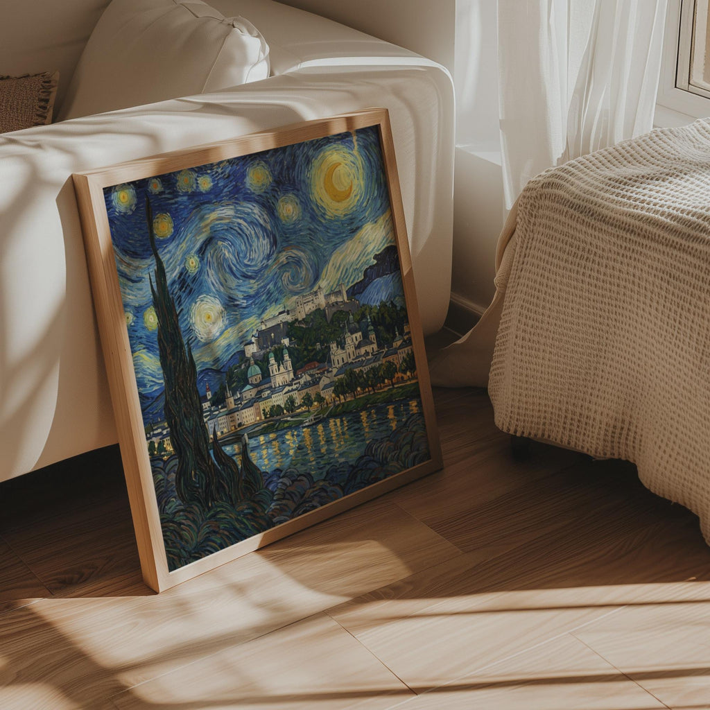 Salzburg Starry Night Wall Art, Van Gogh Style Framed Canvas, Austria City Print