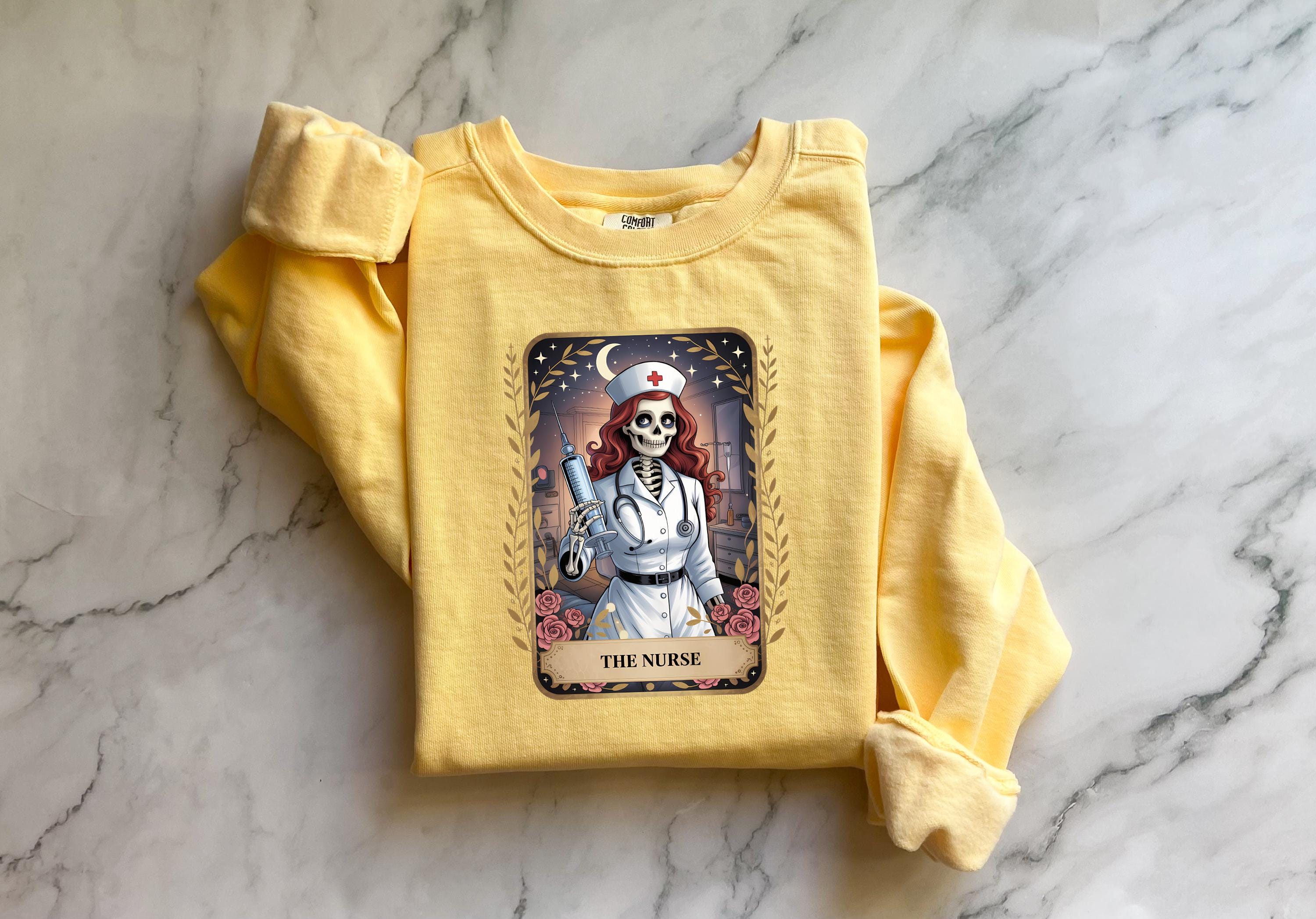 Skeleton Nurse Halloween Sweatshirt, Spooky Gothic Tarot Card Pullover, Creepy RN Medical Apparel, Retro Witchy Fall Top, Gift for Nurse