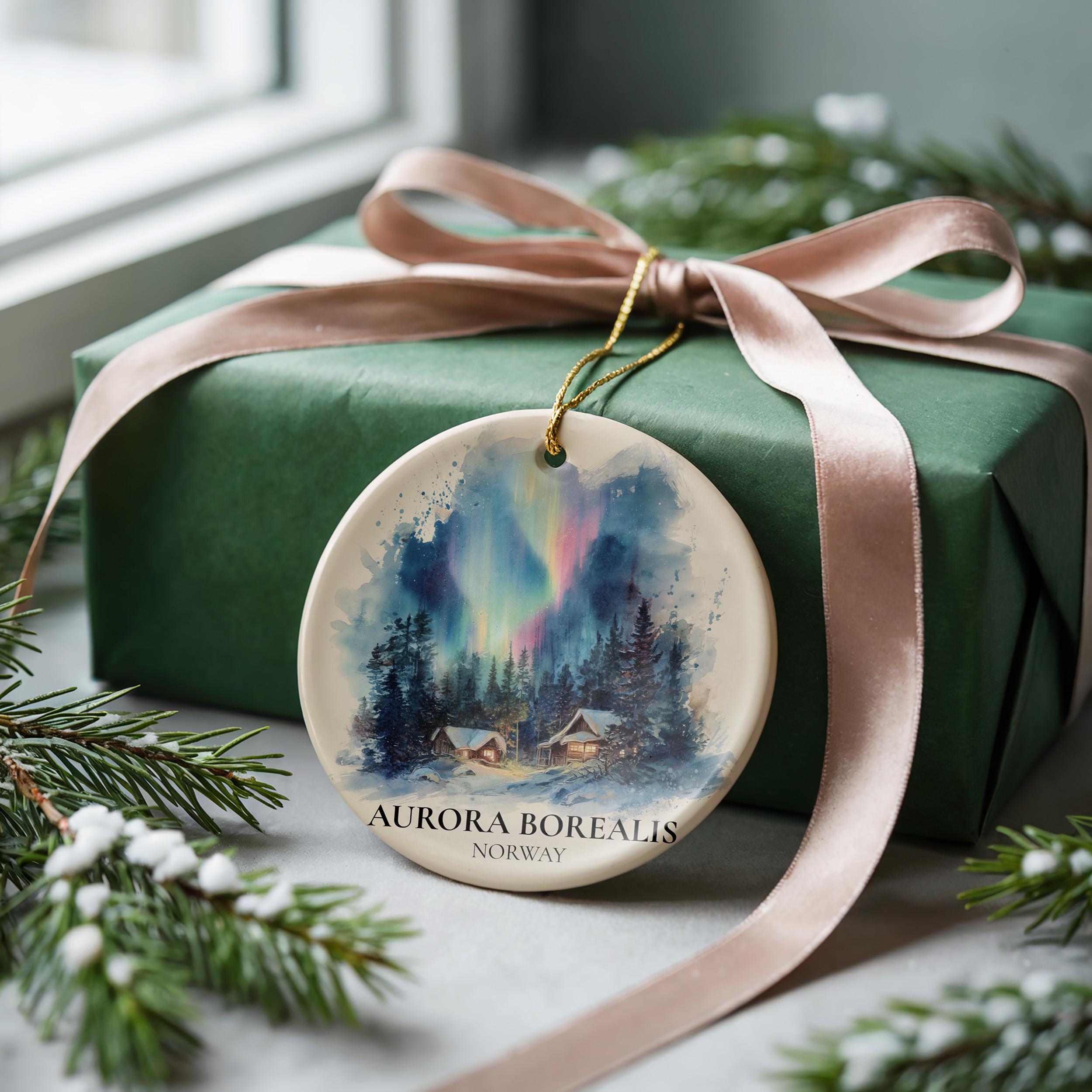 Aurora Borealis Norway Personalized Watercolor Ornament, Custom Ceramic Christmas gift, Travel Keepsake