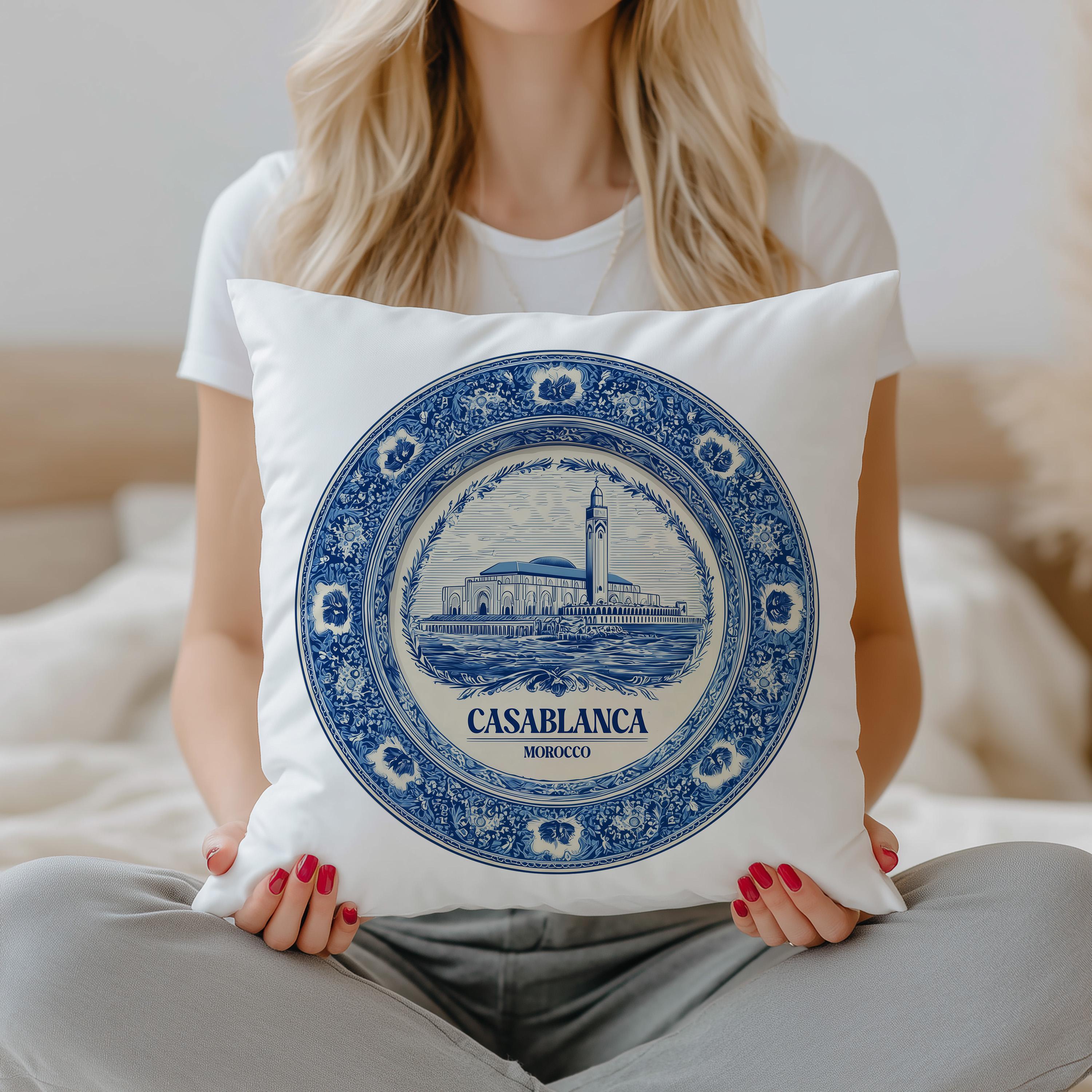 Casablanca Morocco Pillowcase, Delft Style Decorative Throw Pillow, Vintage Cityscape Retro Home Decor