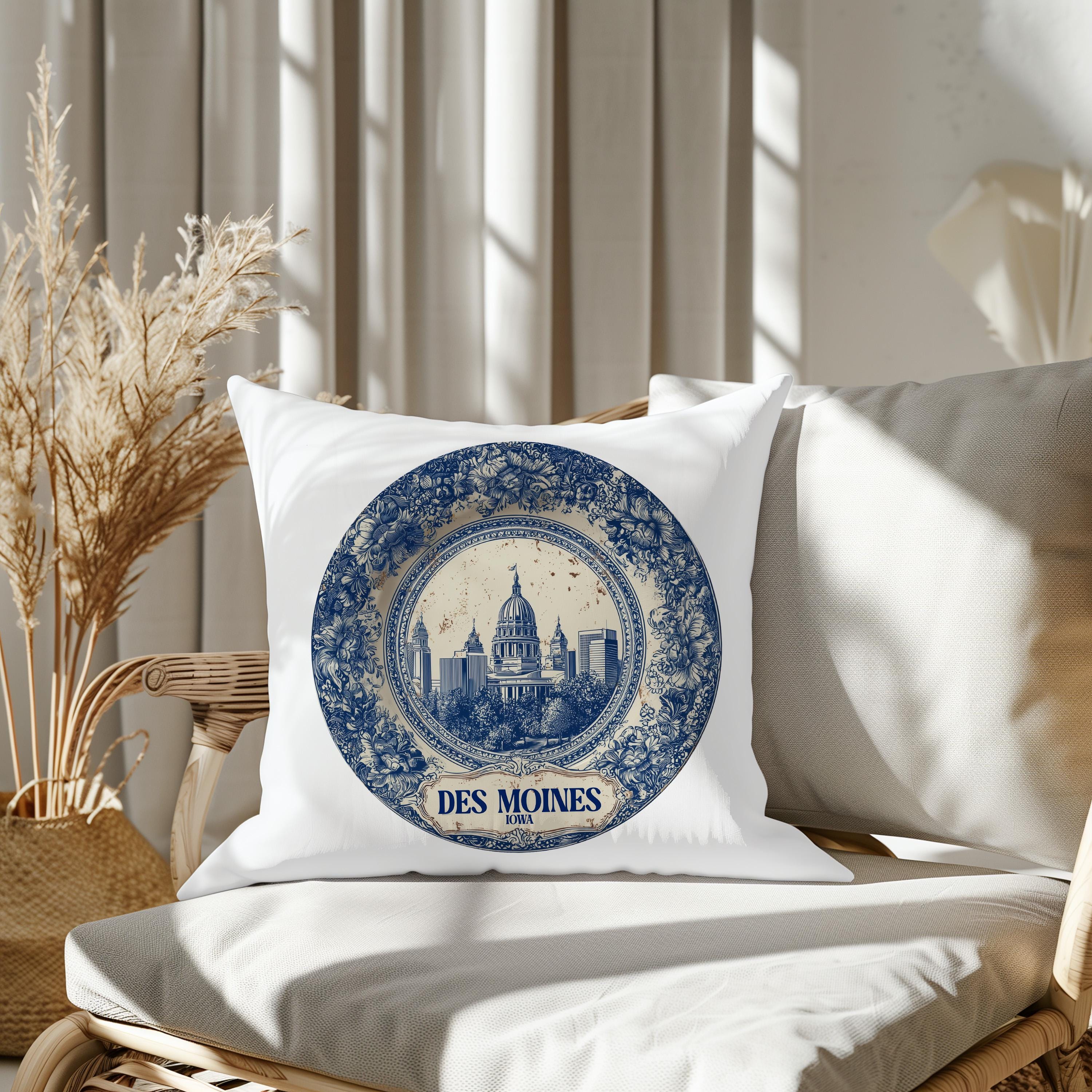 Des Moines Iowa Pillowcase, Delft Style Decorative Throw Pillow, Vintage Cityscape Retro Home Decor