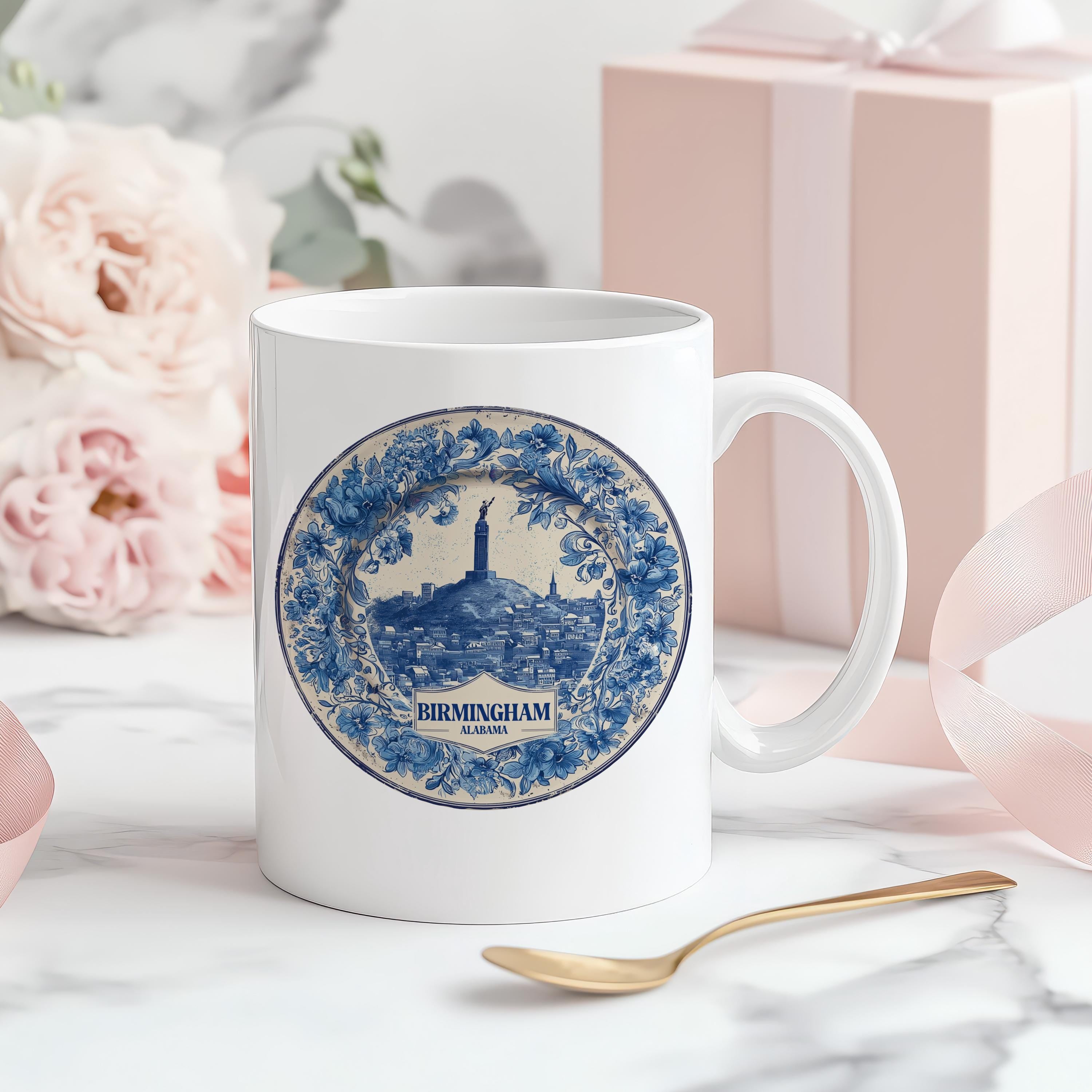 Birmingham Alabama Mug, Custom Delft Style cup, Personalized Vintage Travel City Gift