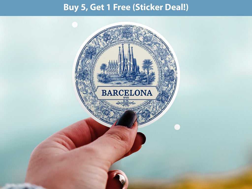Barcelona Spain Sticker Vintage Delft style, Delftware Decal Waterproof Vinyl, Blue City Travel