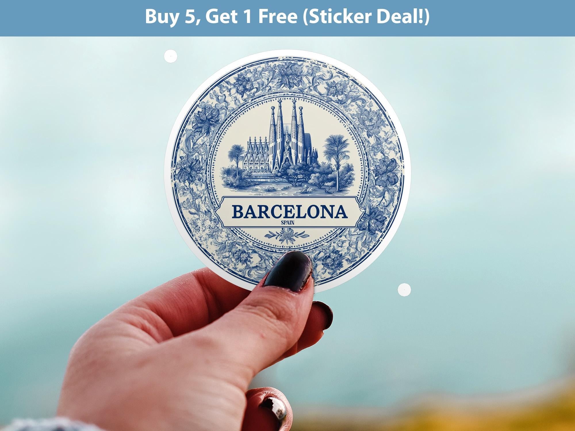 Barcelona Spain Sticker Vintage Delft style, Delftware Decal Waterproof Vinyl, Blue City Travel