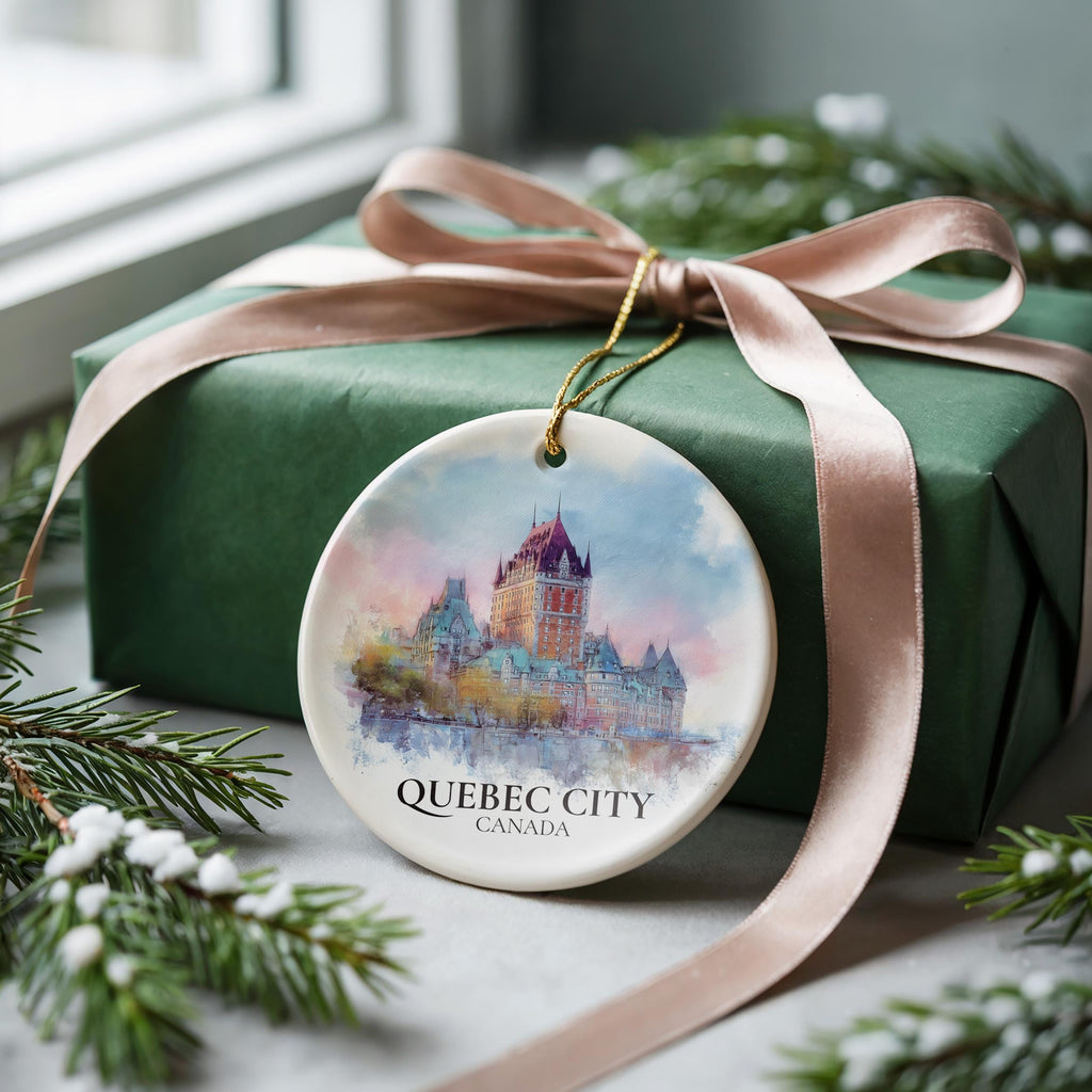 Quebec City Canada Personalized Watercolor Ornament, Custom Ceramic Christmas gift, Travel Keepsake