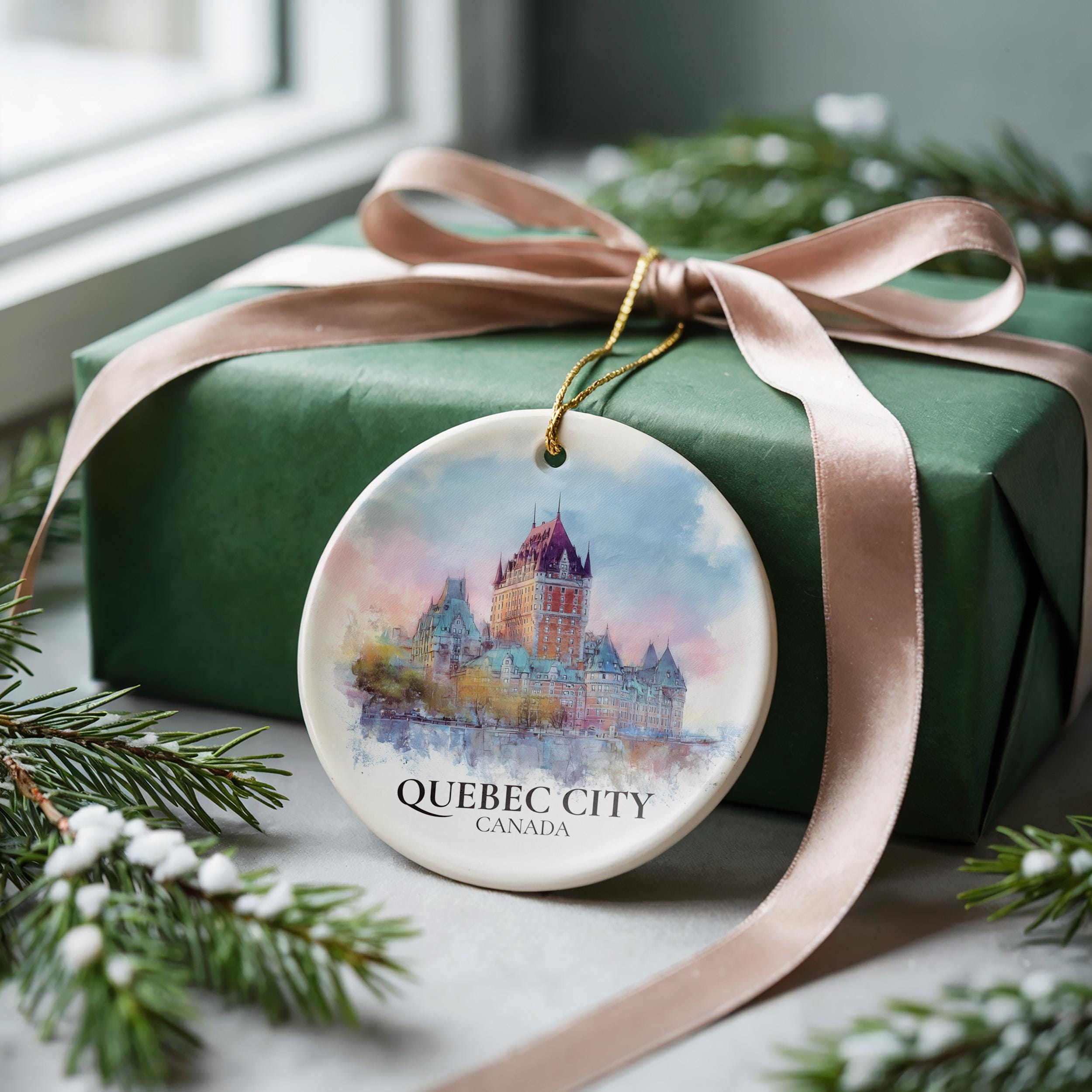 Quebec City Canada Personalized Watercolor Ornament, Custom Ceramic Christmas gift, Travel Keepsake
