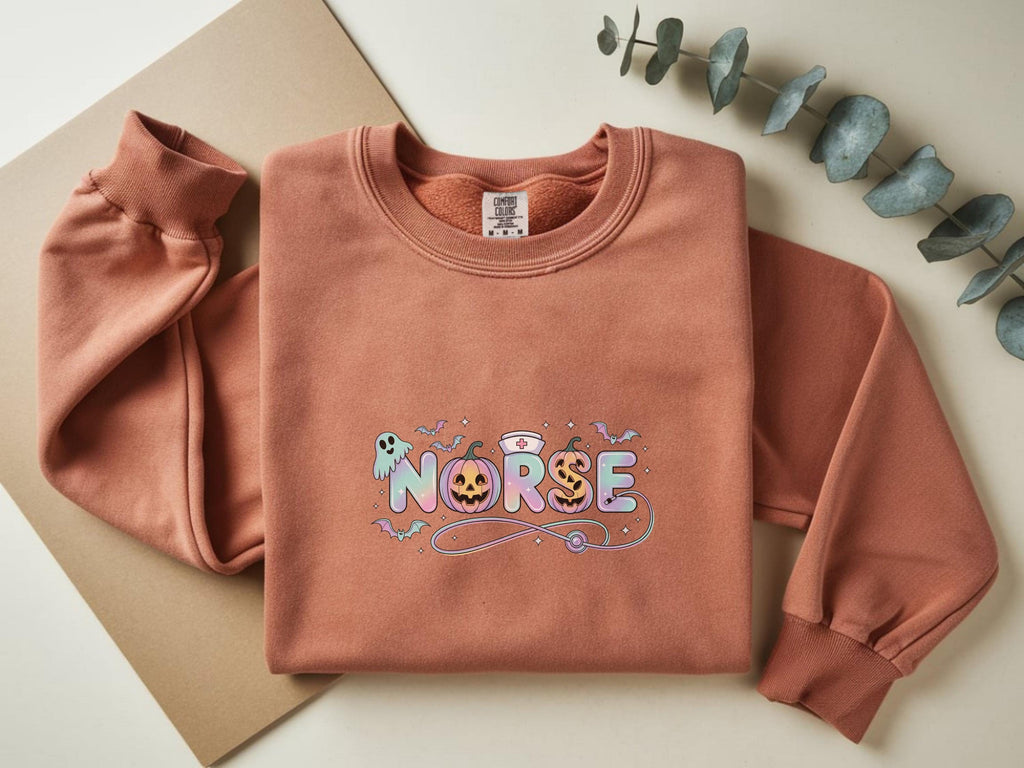Halloween Nurse Comfort Colors Sweatshirt, Cute RN Crewneck Pullover, Spooky Ghost Pumpkin Candy Letters, Fall Nurse Gift