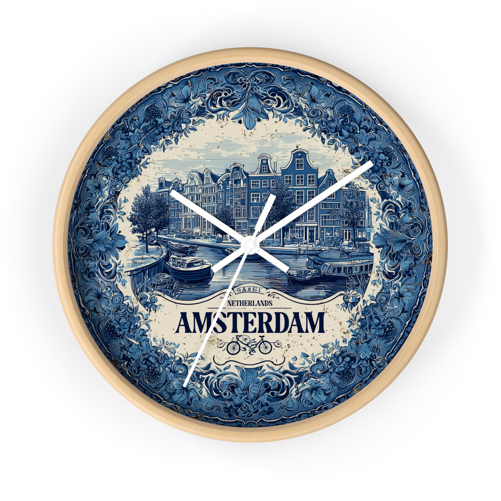 Amsterdam Netherlands Wall Clock, Delf style Home Decor, Vintage City Travel Keepsake Art