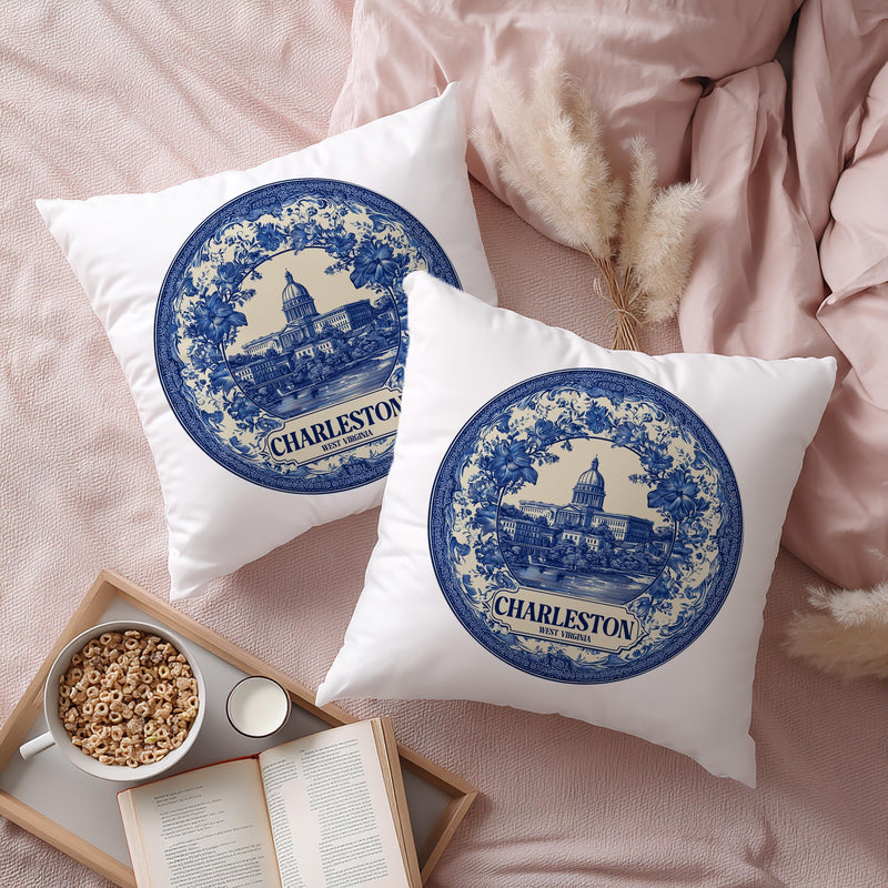 Charleston West Virginia Pillowcase, Delft Style Decorative Throw Pillow, Vintage Cityscape Retro Home Decor