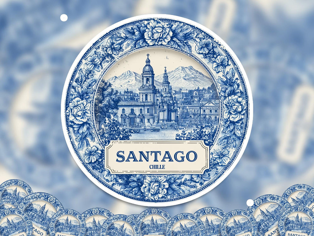Santiago Chile Sticker Vintage Delft style, Delftware Decal Waterproof Vinyl, Blue City Travel