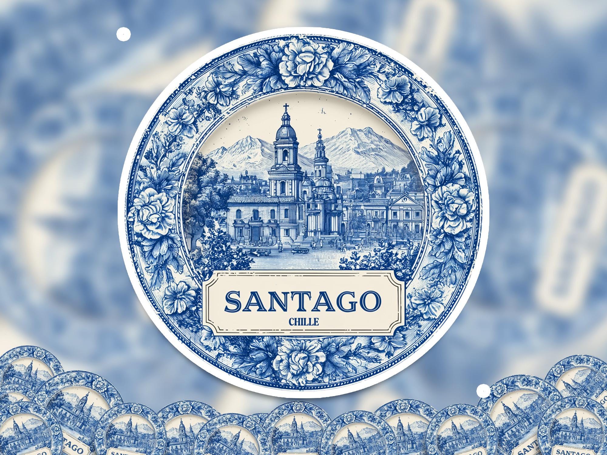 Santiago Chile Sticker Vintage Delft style, Delftware Decal Waterproof Vinyl, Blue City Travel