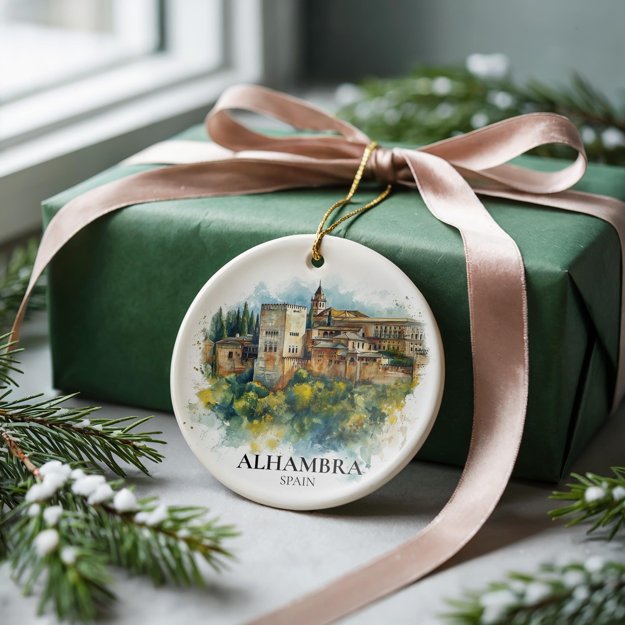 Alhambra Spain Personalized Watercolor Ornament, Custom Ceramic Christmas gift, Travel Keepsake