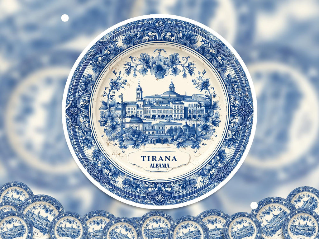 Tirana Albania Sticker Vintage Delft style, Delftware Decal Waterproof Vinyl, Blue City Travel