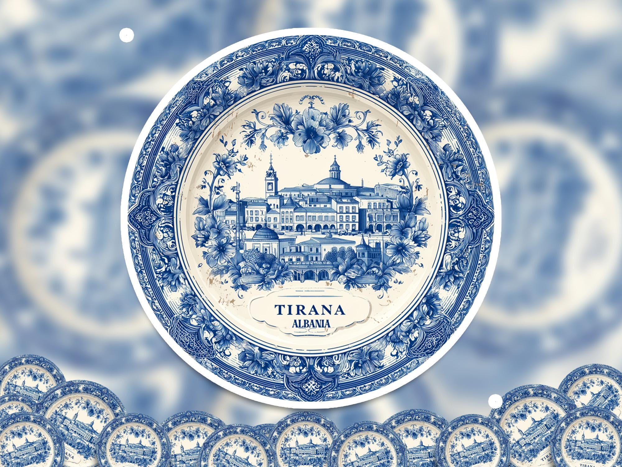 Tirana Albania Sticker Vintage Delft style, Delftware Decal Waterproof Vinyl, Blue City Travel