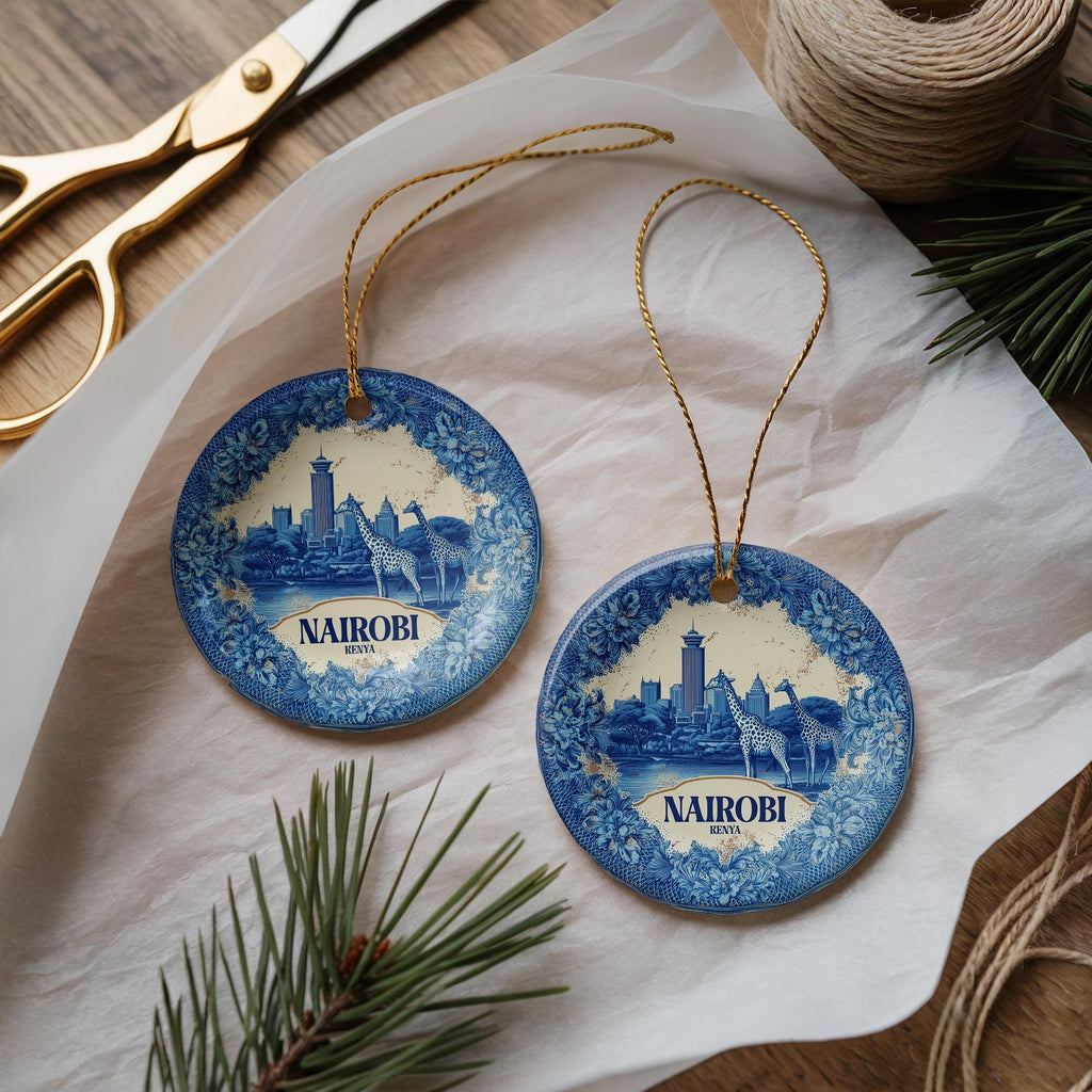 Custom Nairobi Kenya Ceramic Delft Ornament, Christmas Delftware Blue Delftware city travel
