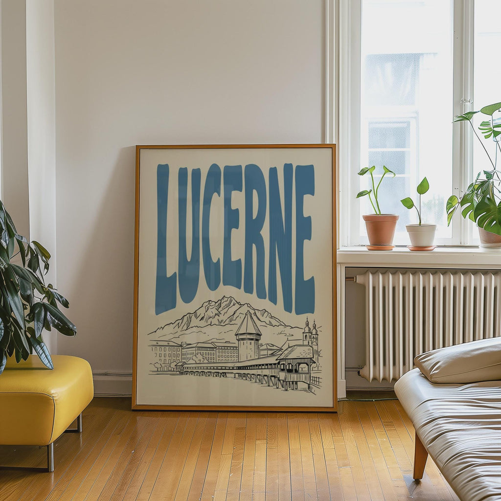 Lucerne Switzerland Wall Art, Framed Canvas Print, Minimalist Travel Decor