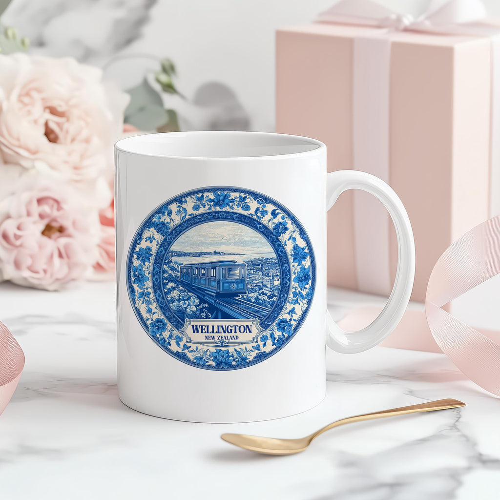 Wellington New Zealand Mug, Custom Delft Style cup, Personalized Vintage Travel City Gift