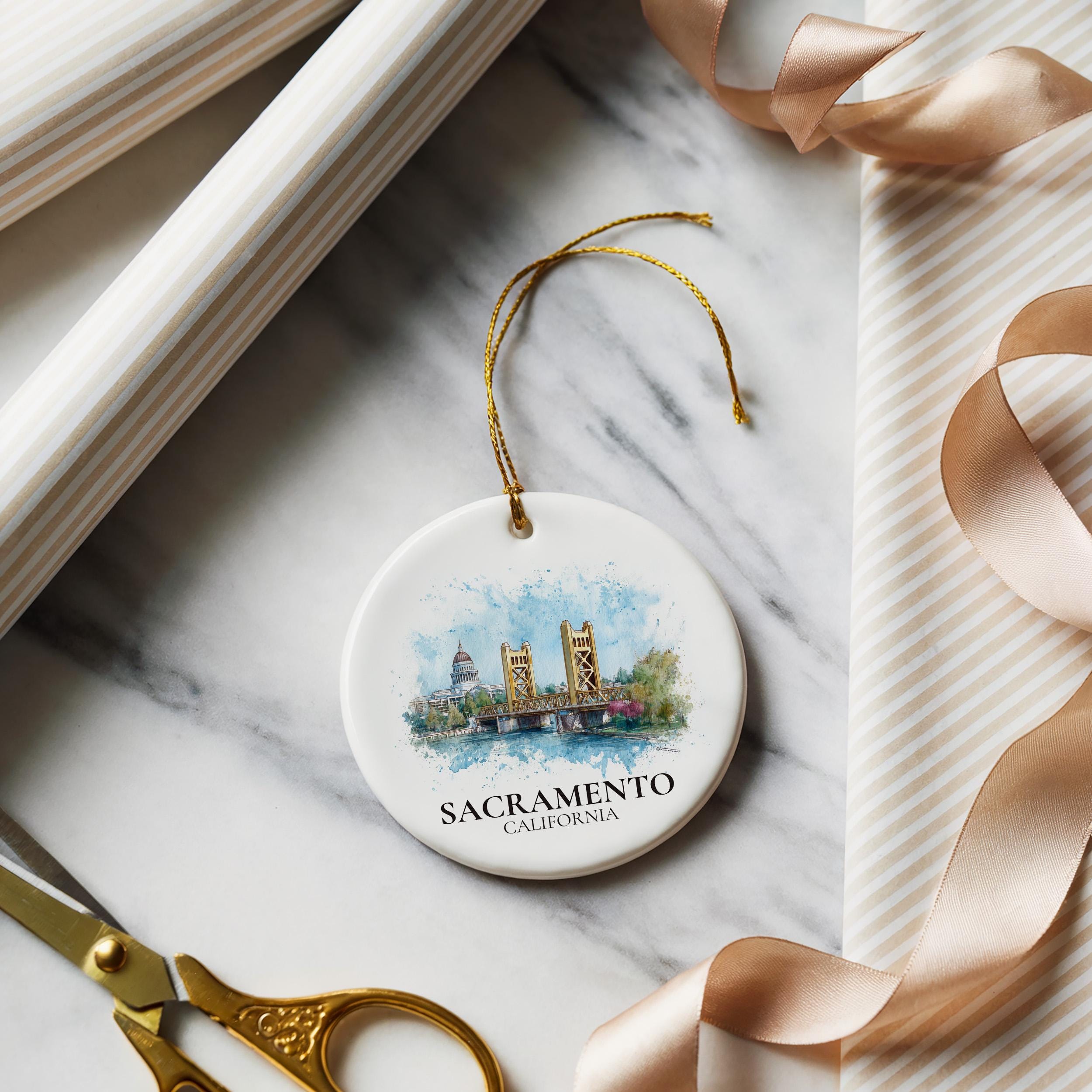 Sacramento California Personalized Watercolor Ornament, Custom Ceramic Christmas gift, Travel Keepsake