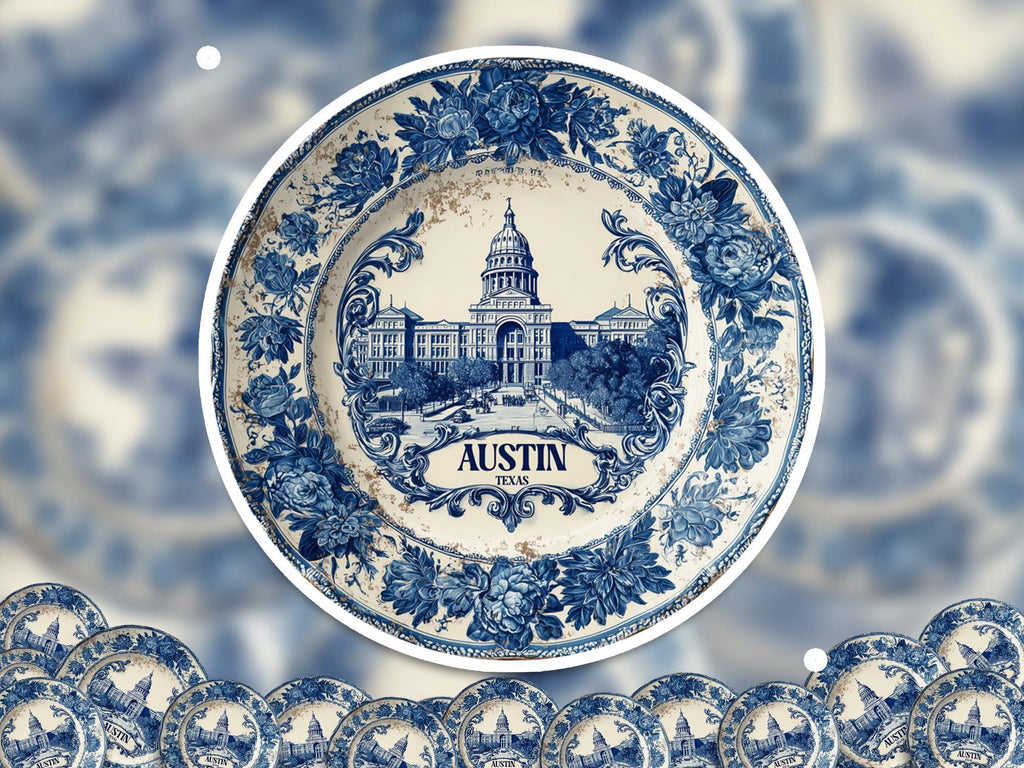 Austin Texas Sticker Vintage Delft style, Delftware Decal Waterproof Vinyl, Blue City Travel USA