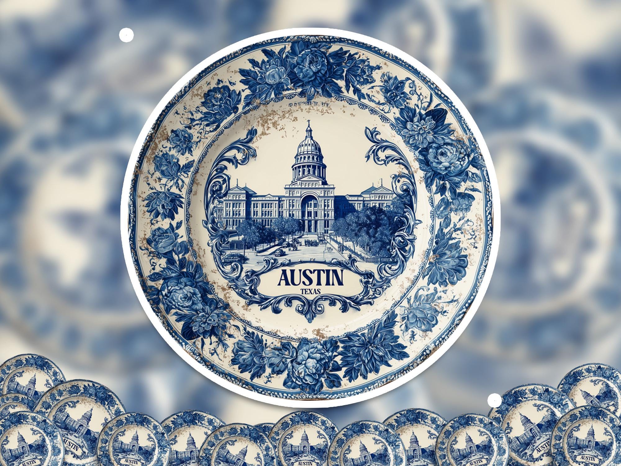 Austin Texas Sticker Vintage Delft style, Delftware Decal Waterproof Vinyl, Blue City Travel USA