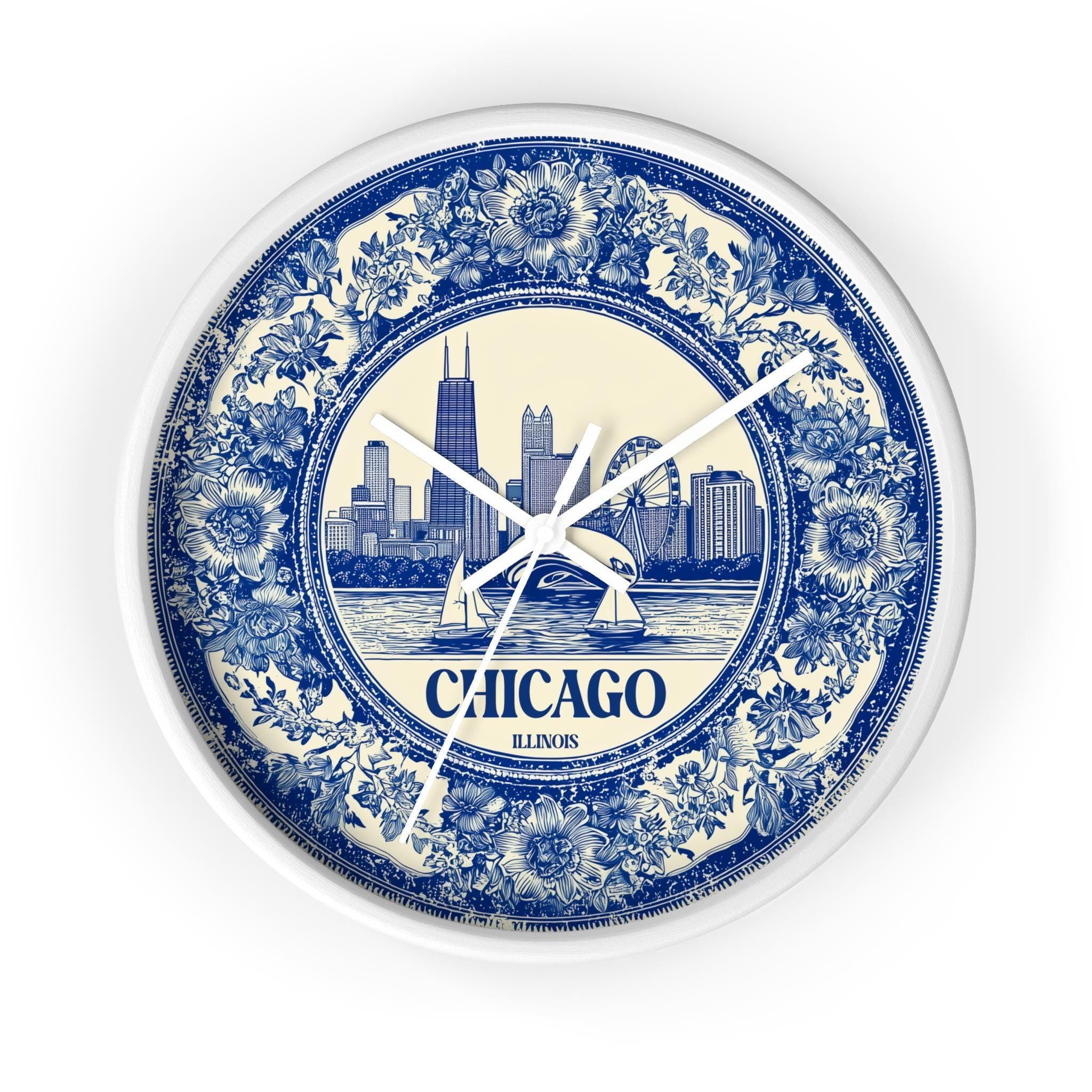 Chicago Illinois Wall Clock, Delf style Home Decor, Vintage City Travel Keepsake Art
