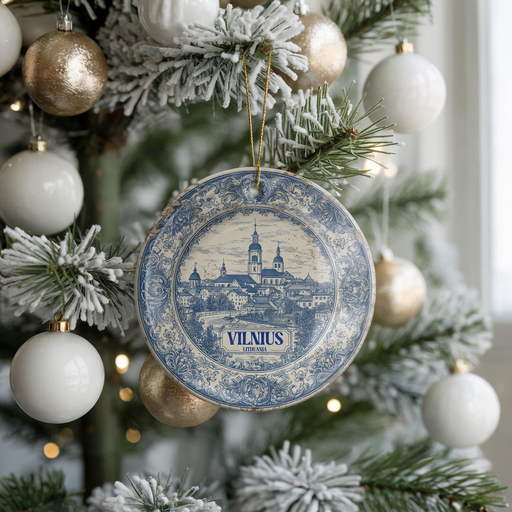Custom Vilnius Lithuania Ceramic Delft Ornament, Christmas Delftware Blue Delftware city travel