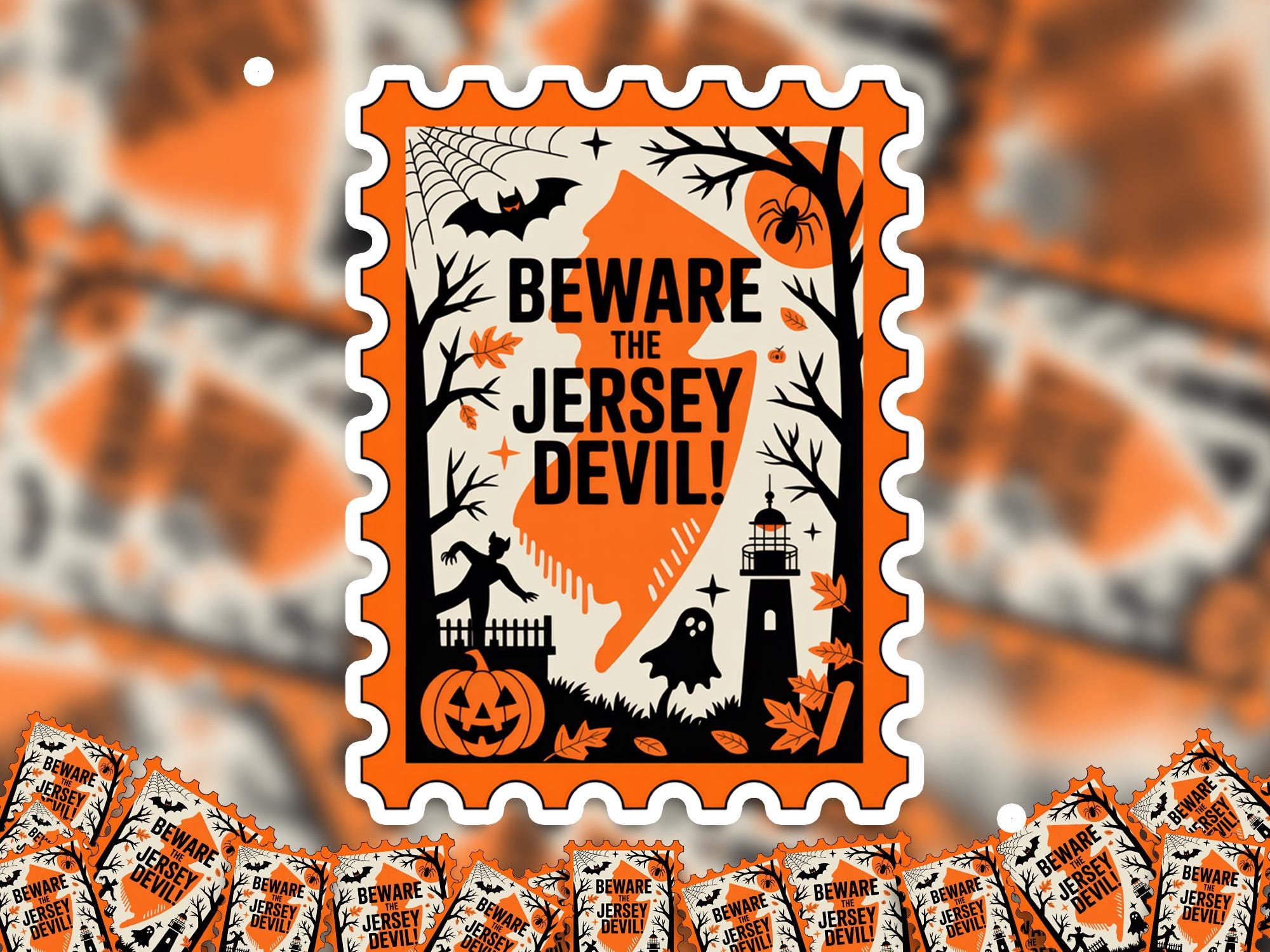 New Jersey Stamp Halloween Sticker, Spooky USA Kiss-Cut Vinyl, Waterproof Decal, United States Travel