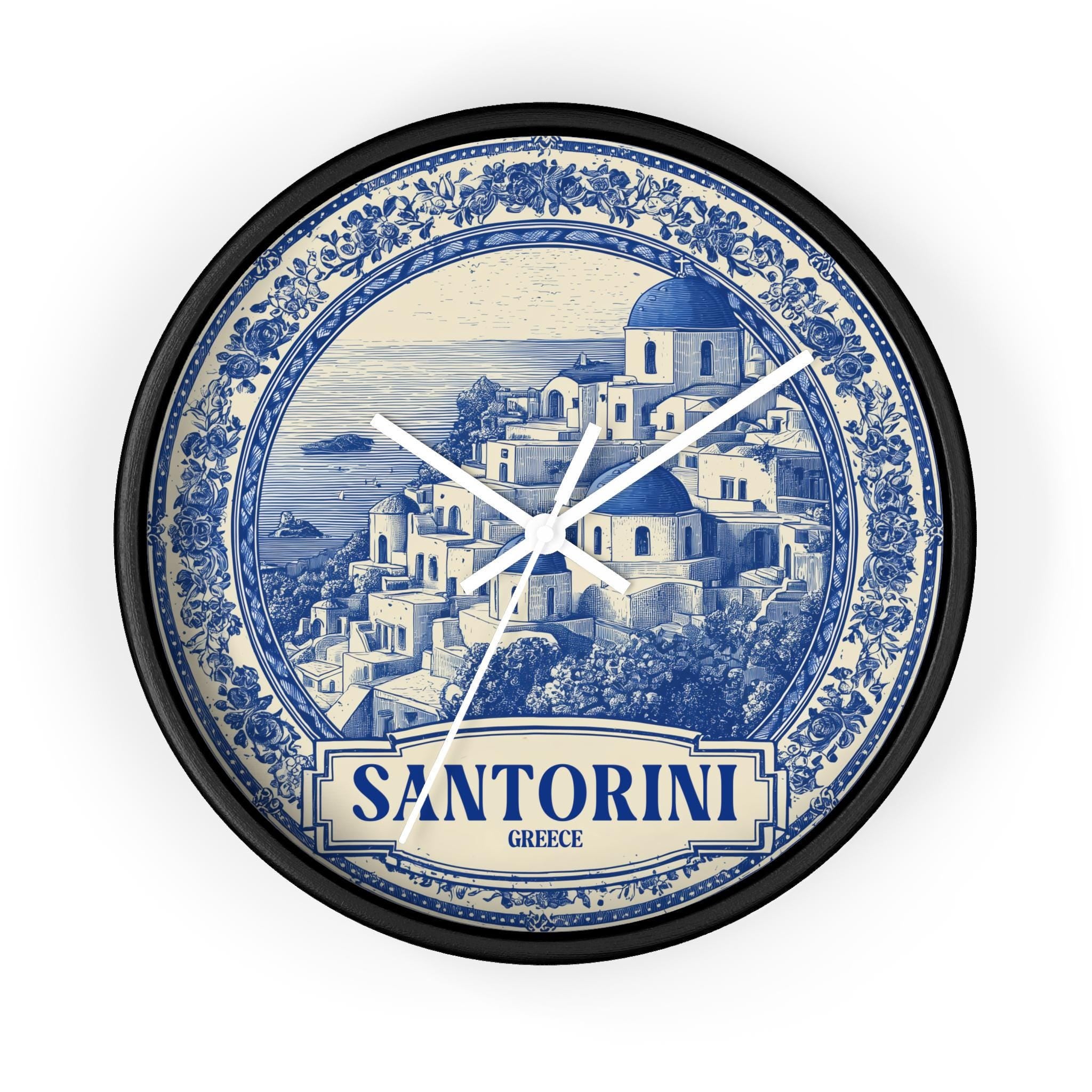Santorini Greece Wall Clock, Delf style Home Decor, Vintage City Travel Keepsake Art