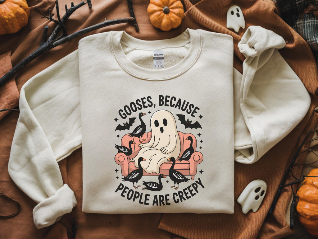 Gooses Because People are Creepy Halloween Sweatshirt: Funny Ghost, Creepy Fall Pullover