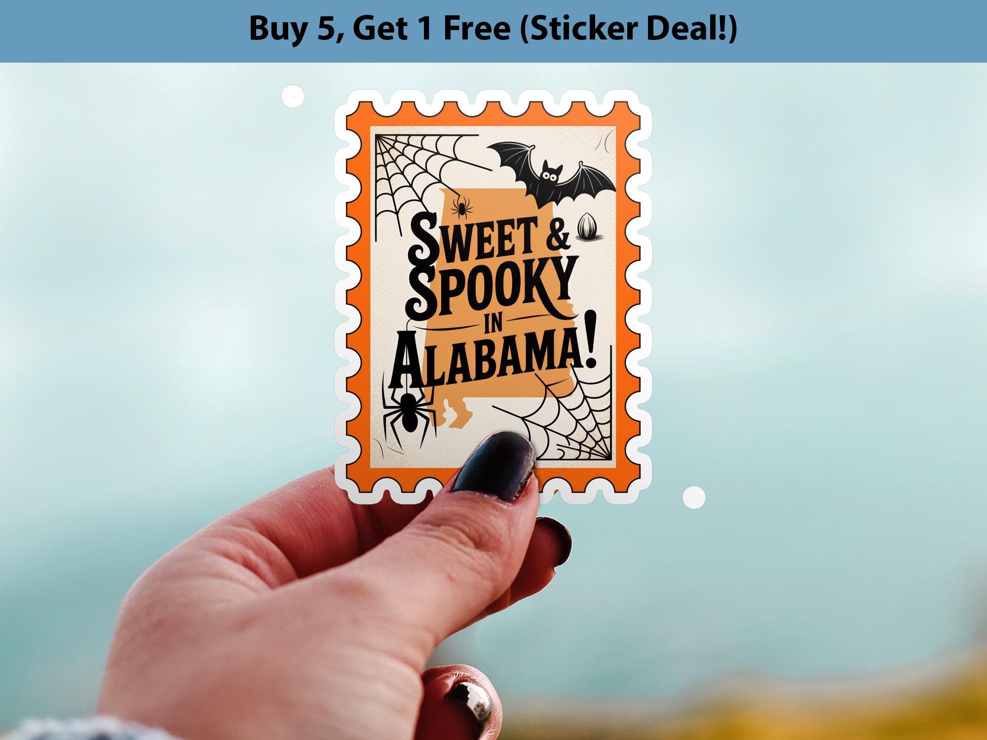 Alabama Stamp Halloween Sticker, Spooky USA Kiss-Cut Vinyl, Waterproof Decal, United States Travel