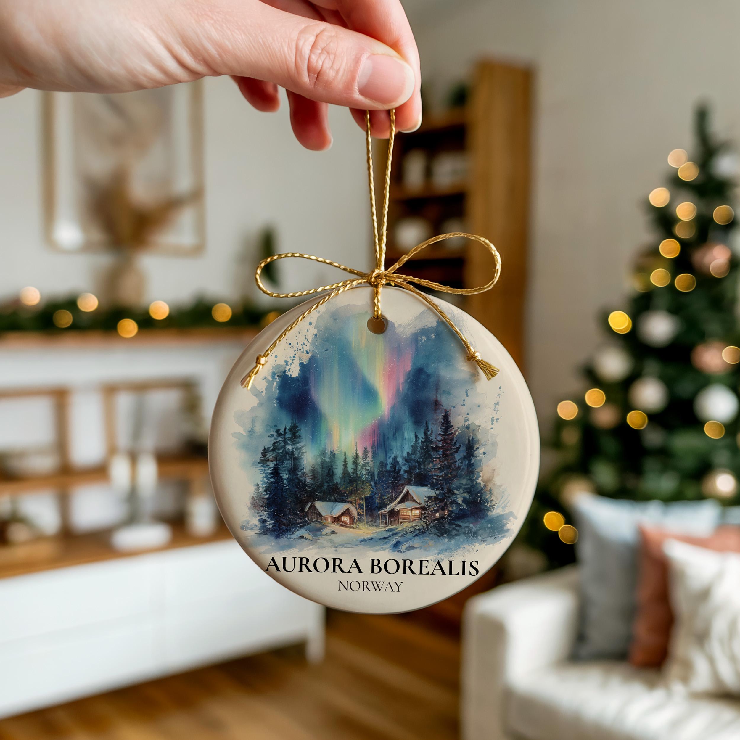 Aurora Borealis Norway Personalized Watercolor Ornament, Custom Ceramic Christmas gift, Travel Keepsake