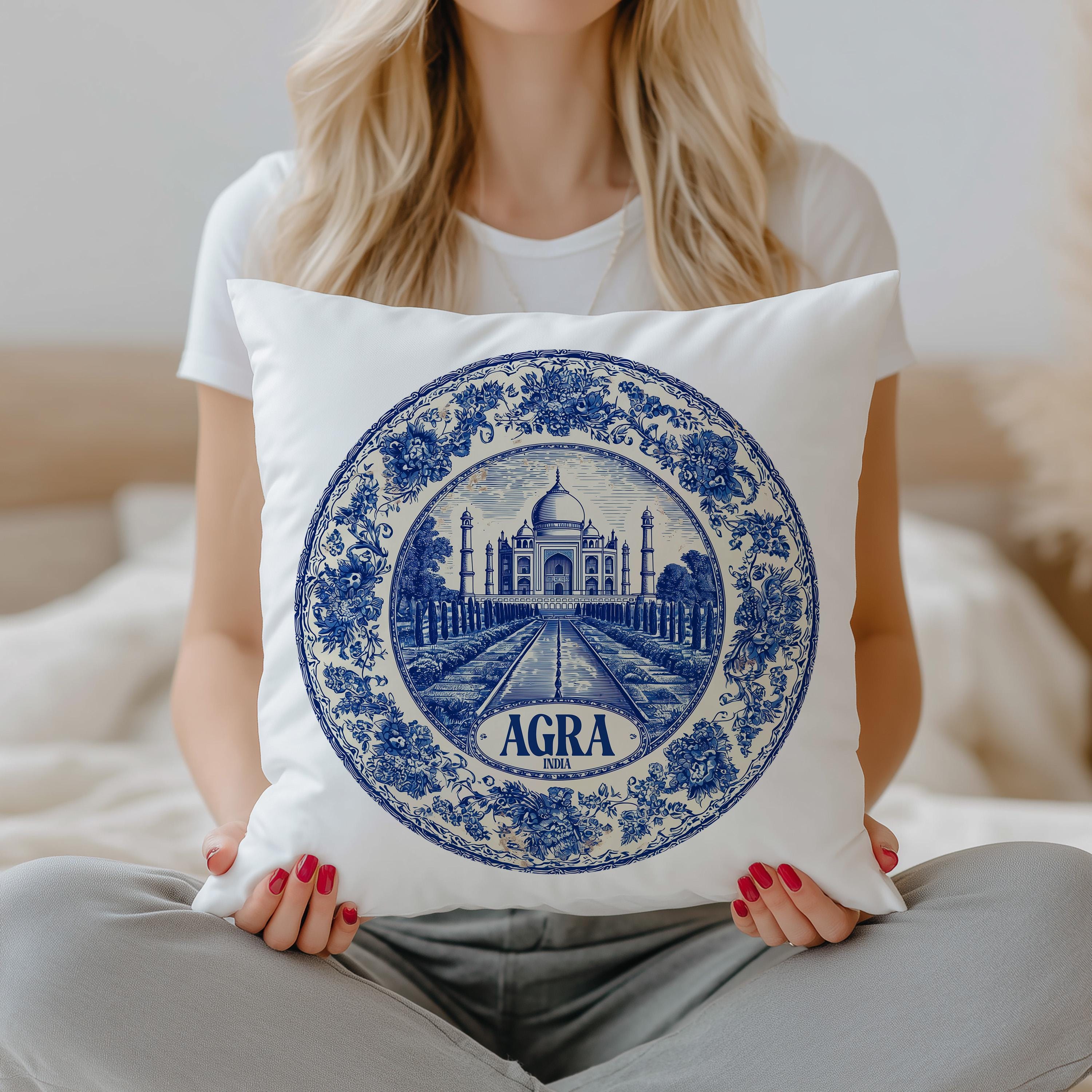 Agra India Pillowcase, Delft Style Decorative Throw Pillow, Vintage Cityscape Retro Home Decor