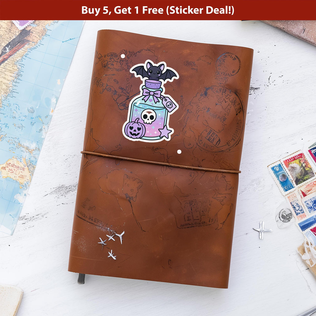 kawaii Bat Potion Sticker, Cute Spooky Bottle Decal, Pink Halloween Goth Vinyl Sticker